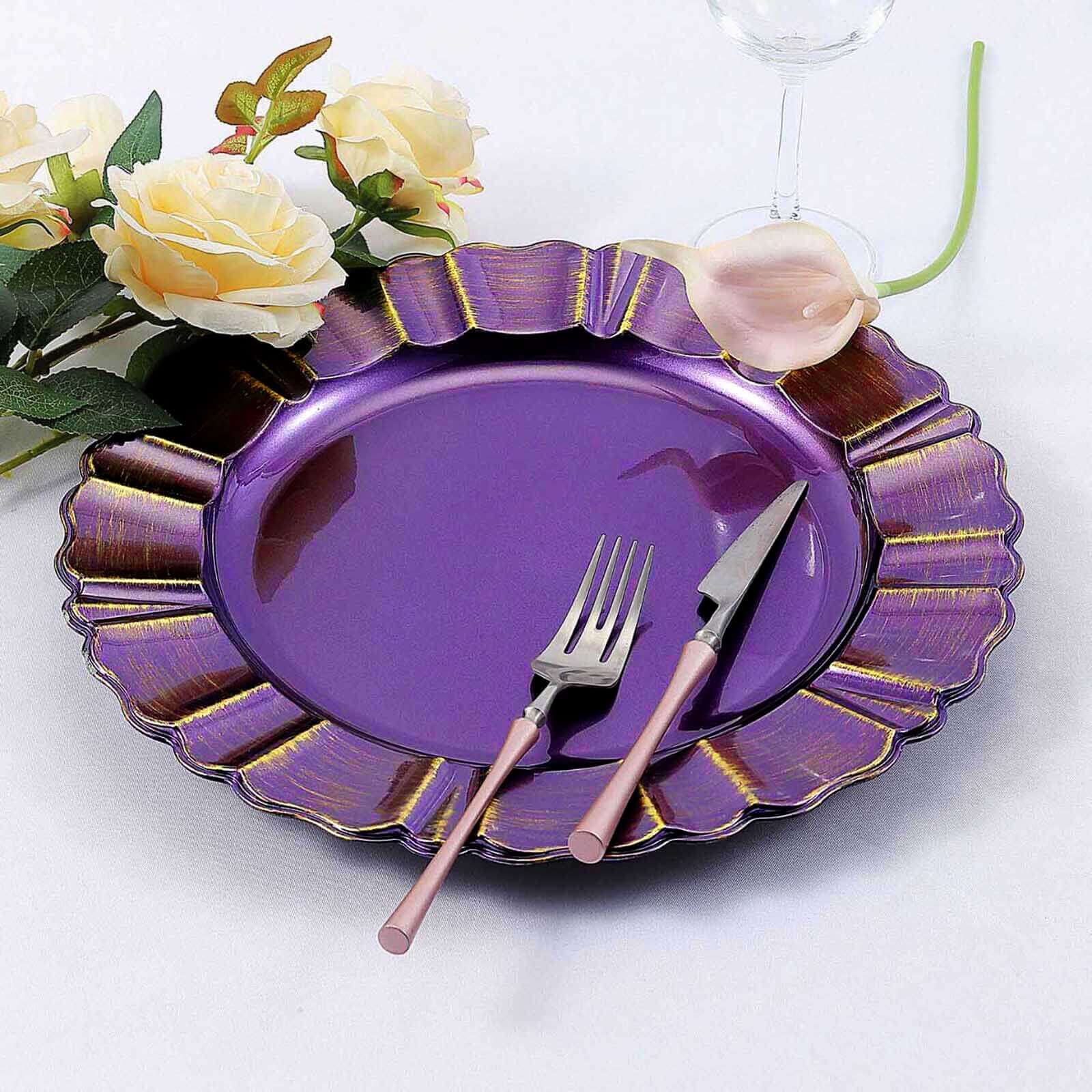 6-Pack Acrylic Plastic Round Charger Plates 13 in Purple with Gold Brushed Wavy Scalloped Rim, Decorative Dinner Party Charger Tableware