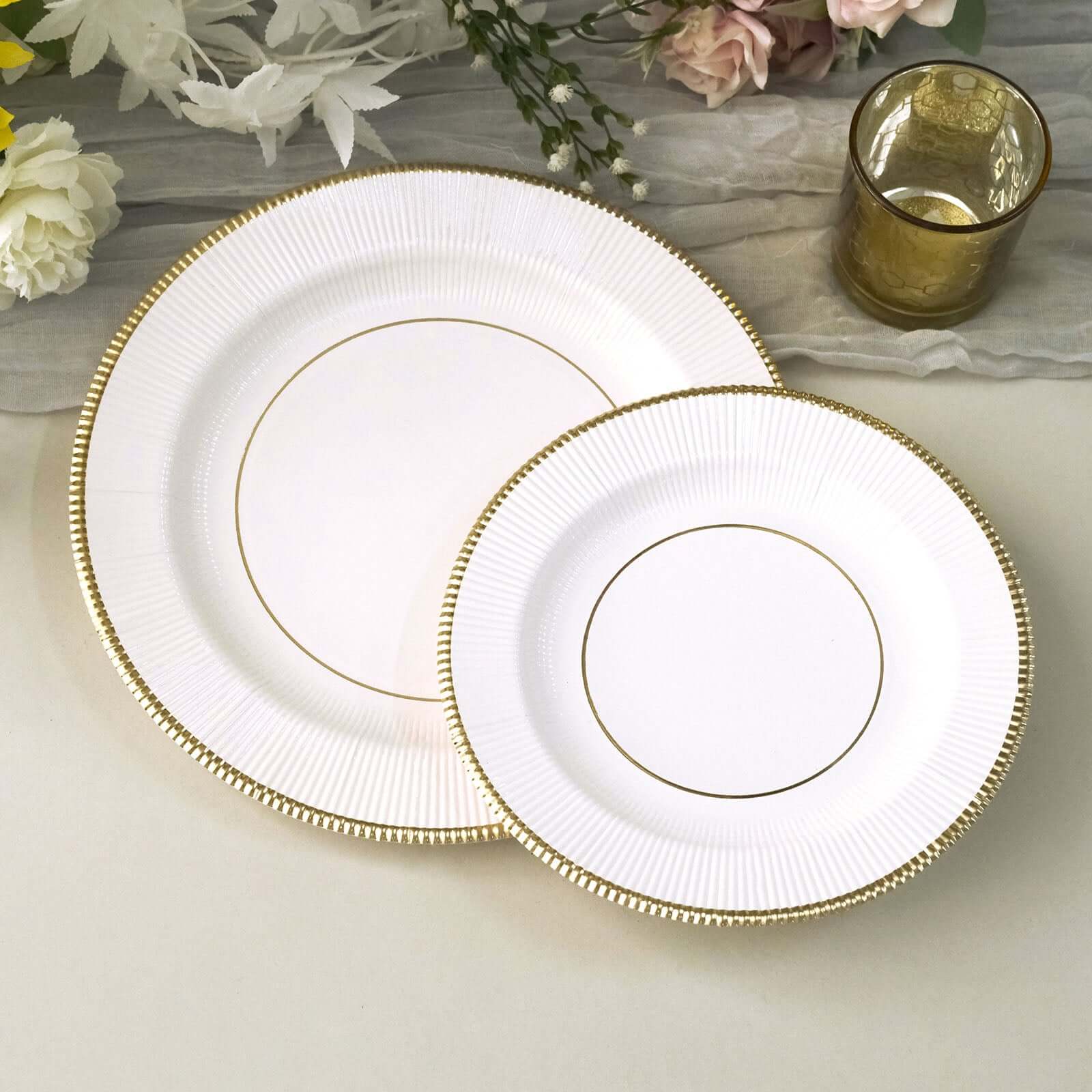 25-Pack Paper 10 Round Dinner Plates in White Sunray Design with Gold Rim - Disposable Heavy Duty 350GSM Party Plates