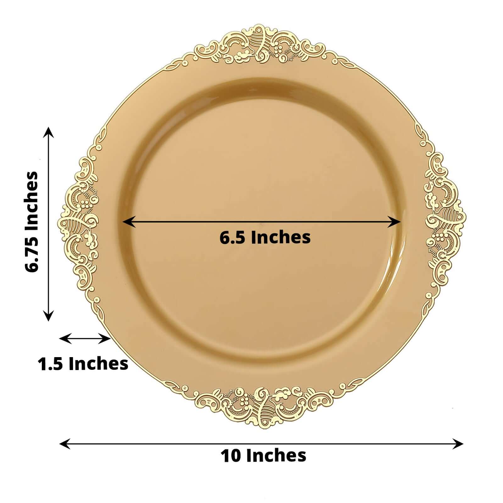 10-Pack Plastic 10 Round Dinner Plates in Gold with Leaf Embossed Rim - Disposable Vintage Baroque Style Plates for Luxurious Gatherings & Events