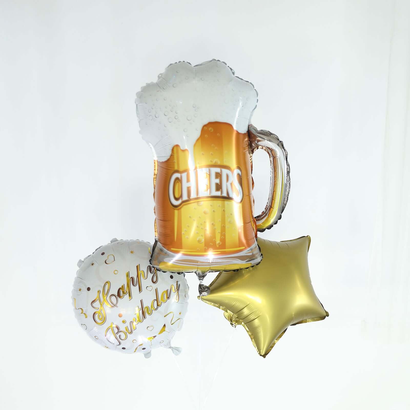 Set of 5 White Gold Round Happy Birthday Mylar Foil Helium Balloon Set, Cheers Beer Mug, Star Balloon Bouquet With Ribbon Birthday Party Decorations