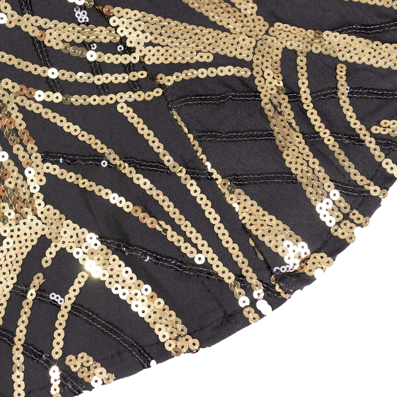 Spandex 32 Round Cocktail Table Cover Black/Gold with Wave Embroidered Sequins - Glamorous Design for Upscale Events