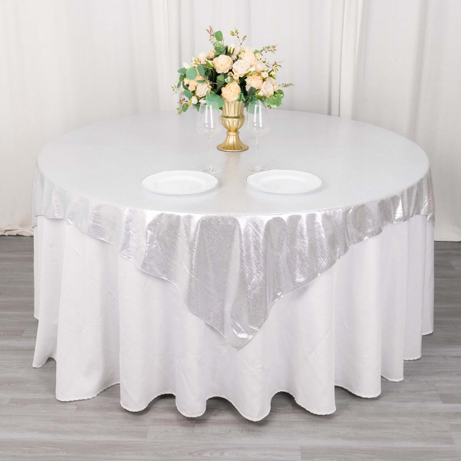 Polyester 72x72 Table Overlay Square Tablecloth Silver - Sequin Dots Wrinkle-Free Table Cover