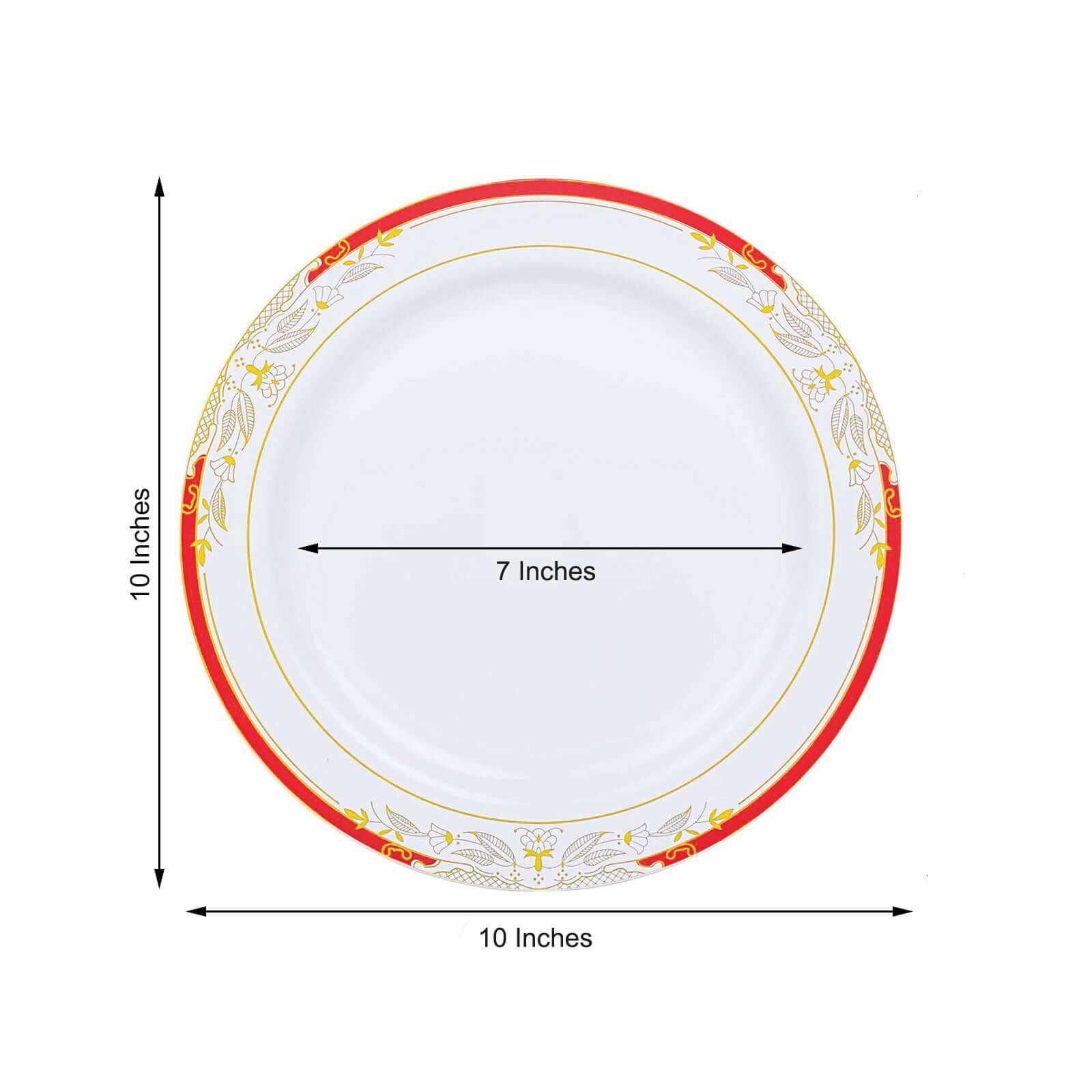 10 Pack White With Red Rim 10 Plastic Dinner Plates, Round With Gold Vine Design