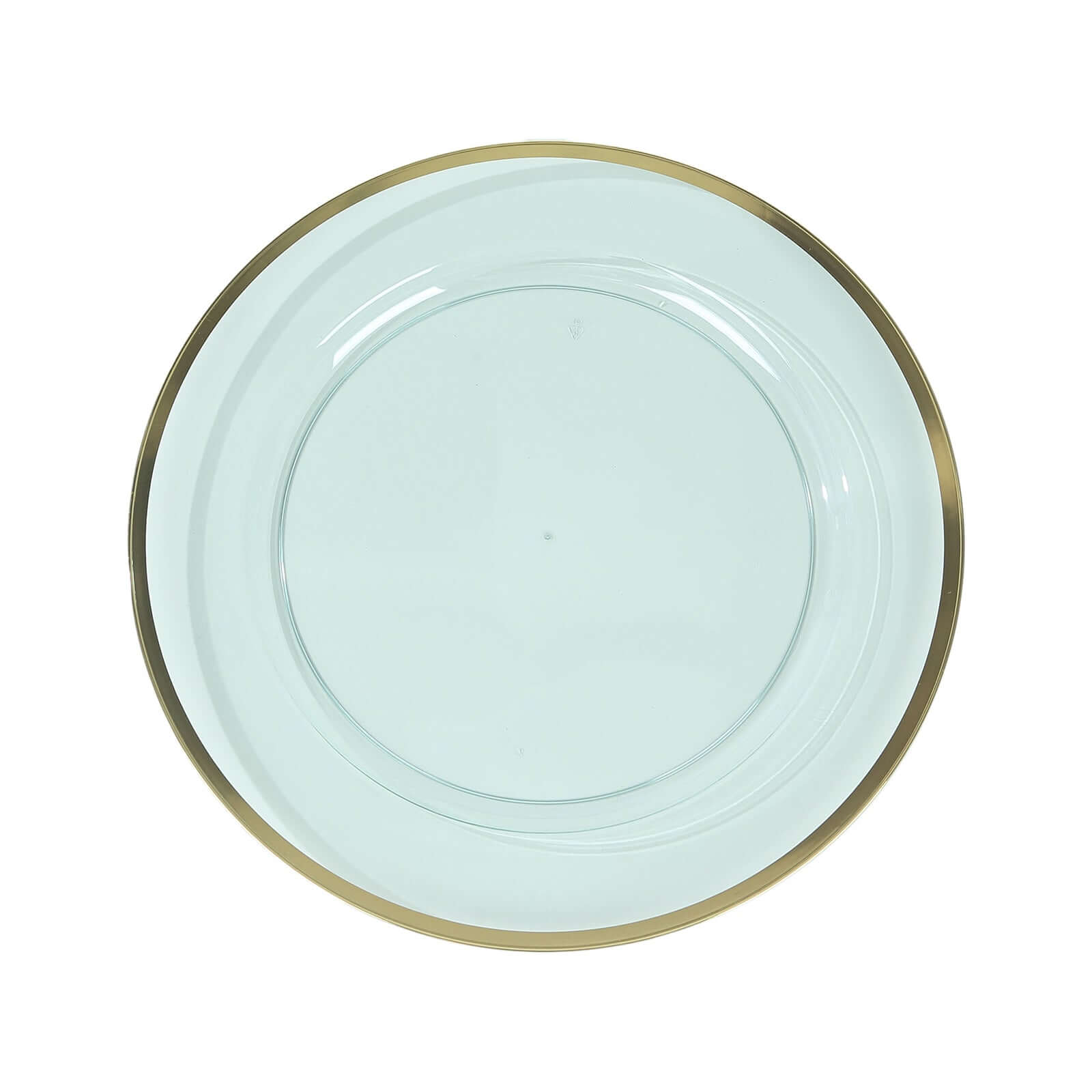 10-Pack Economy Plastic Round Charger Plates 12 in Transparent Blue with Wide Gold Rim, Decorative Dinner Party Serving Plates