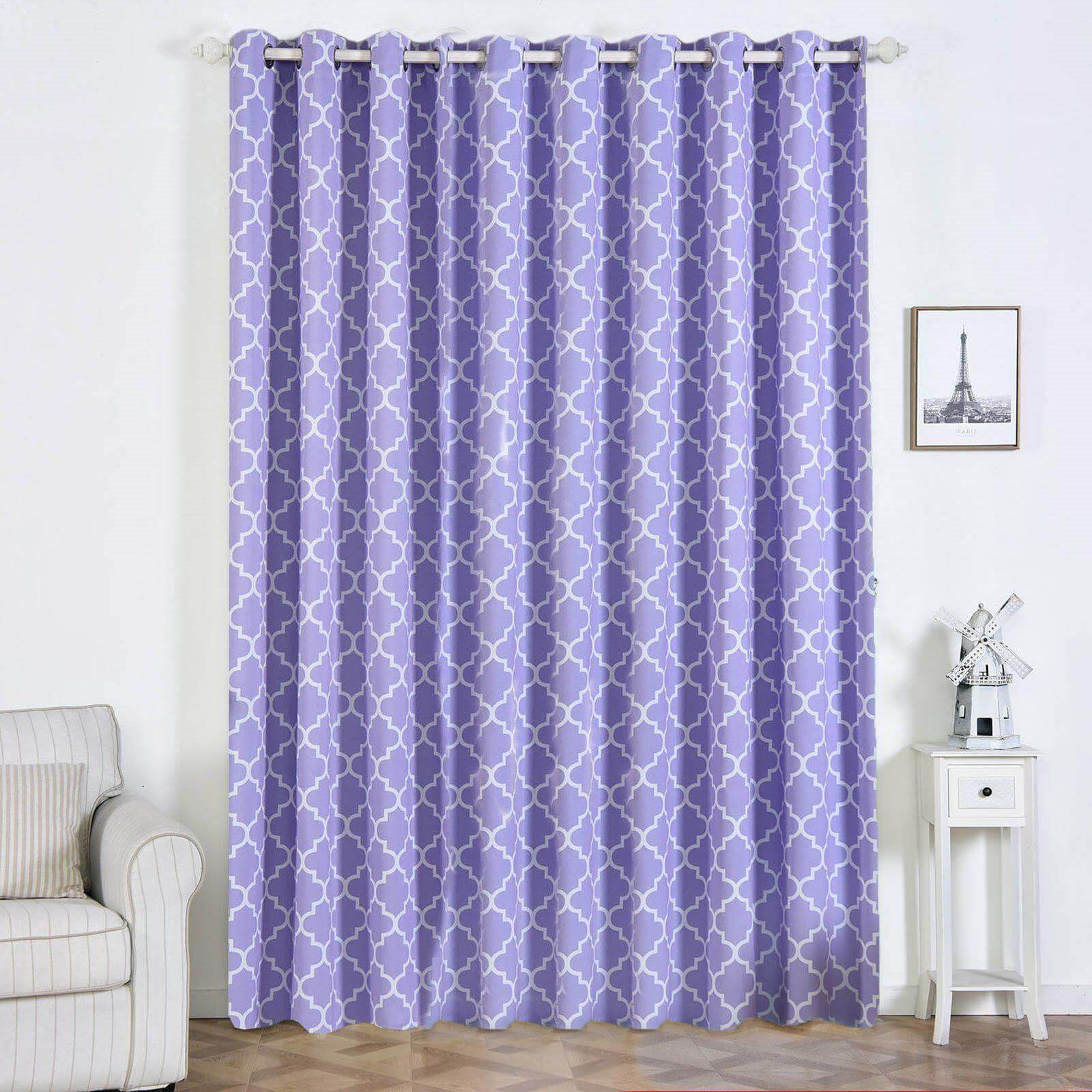 2 Pack White Lavender Lilac Lattice Print Thermal Blackout Curtains With Chrome Grommet Window Treatment Panels - 52x108 Clearance SALE