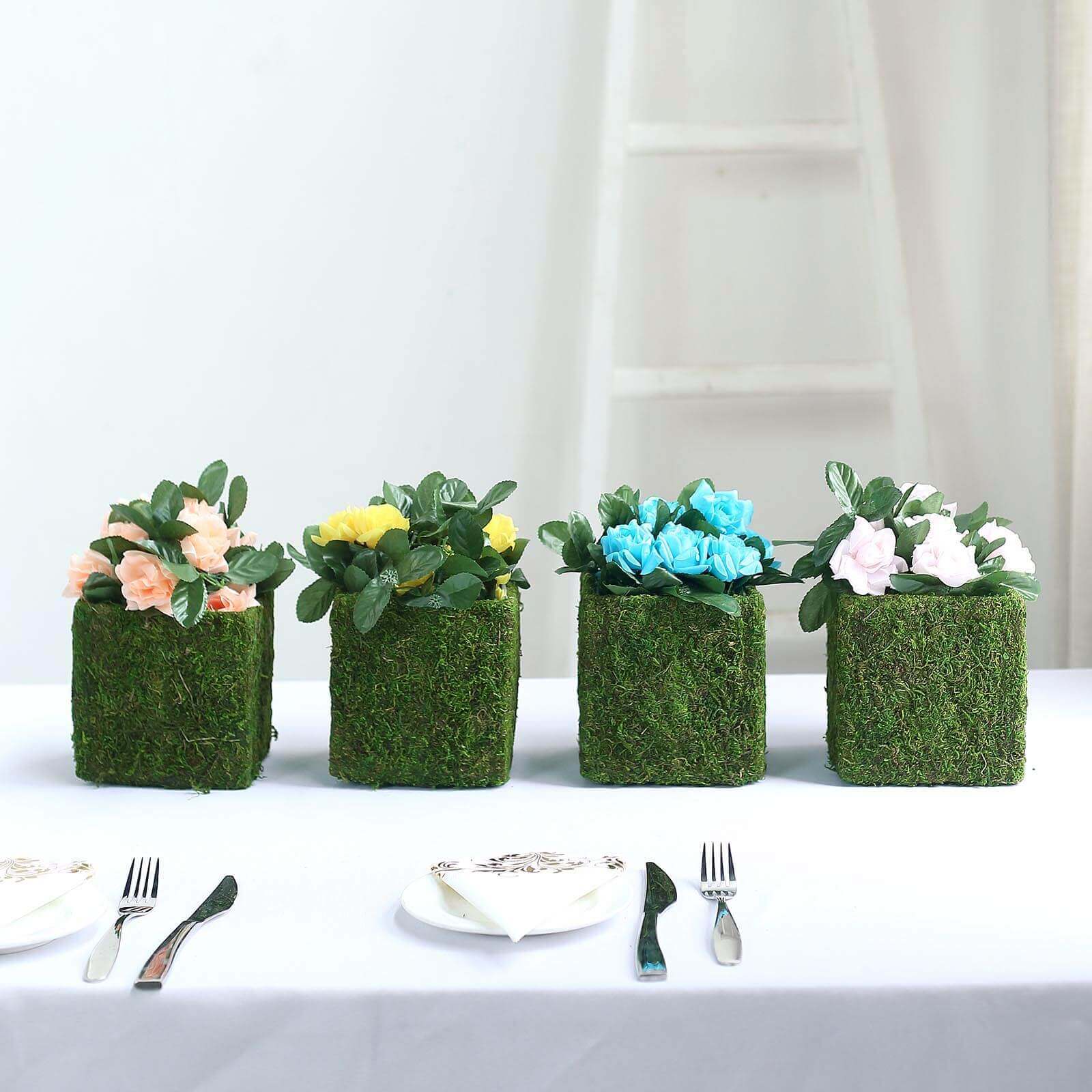 4-Pack Square Planter Boxes Covered with Inner Lining Green Preserved Moss - Flower Basket Centerpieces 6