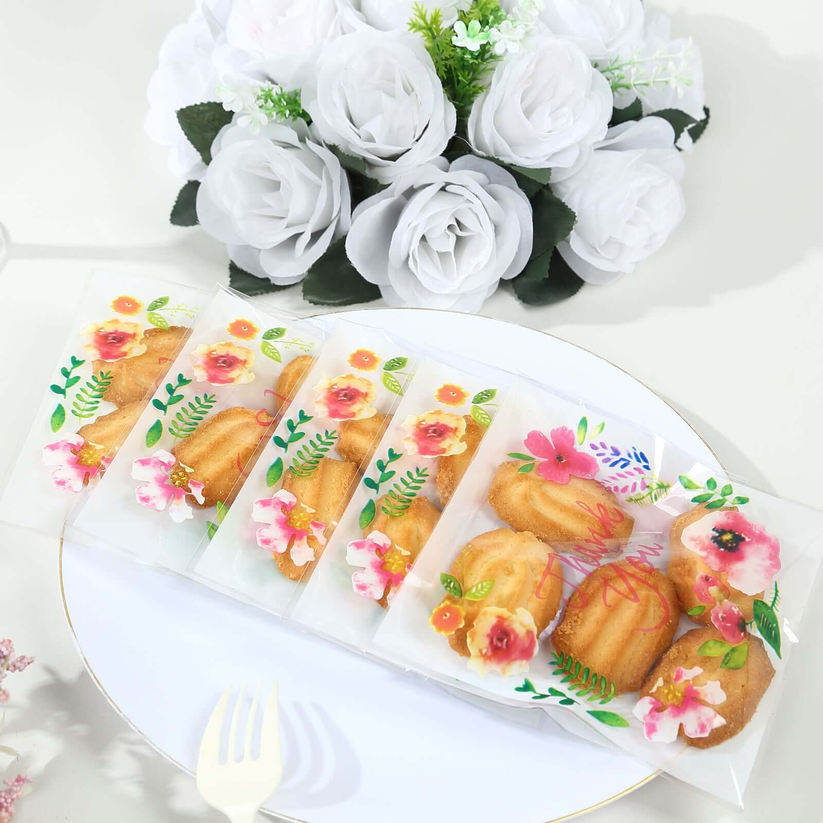 100-Pack PVC Cookie Candy Bags White/Clear - Decorative Self Adhesive Goodie Bags With Thank You Print & Floral Accents for Stylish Wedding Birthday Party Favors 6x7