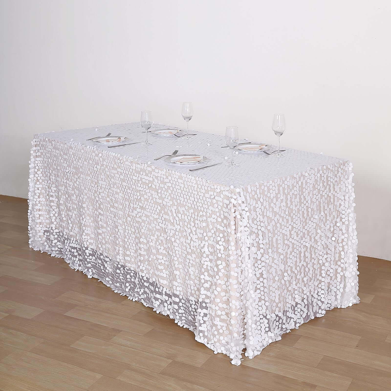 Sequin 90x132 Rectangle Tablecloth White - Seamless Big Payette Design for Sophisticated Occasions