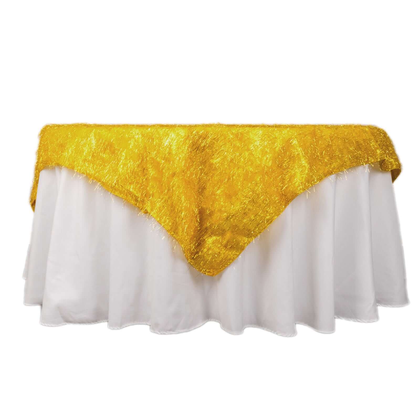 Polyester 72x72 Table Overlay Square Tablecloth Gold - Metallic Fringe Shag Tinsel Design for Luxe Events