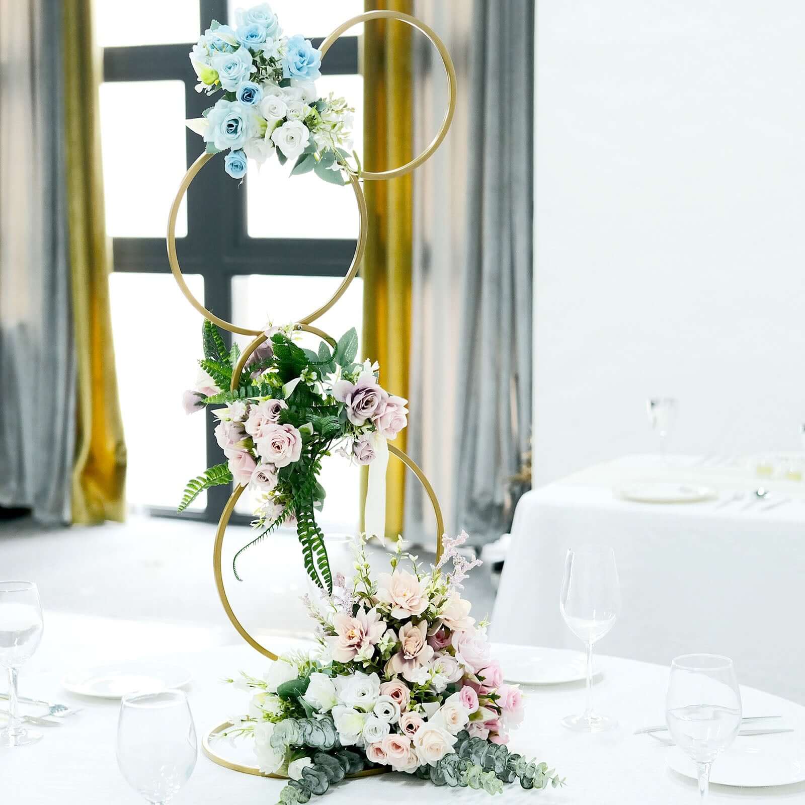 3ft 4-Tier Gold Metal Hoop Pillar Flower Stand, Wreath Wedding Arch Table Centerpiece