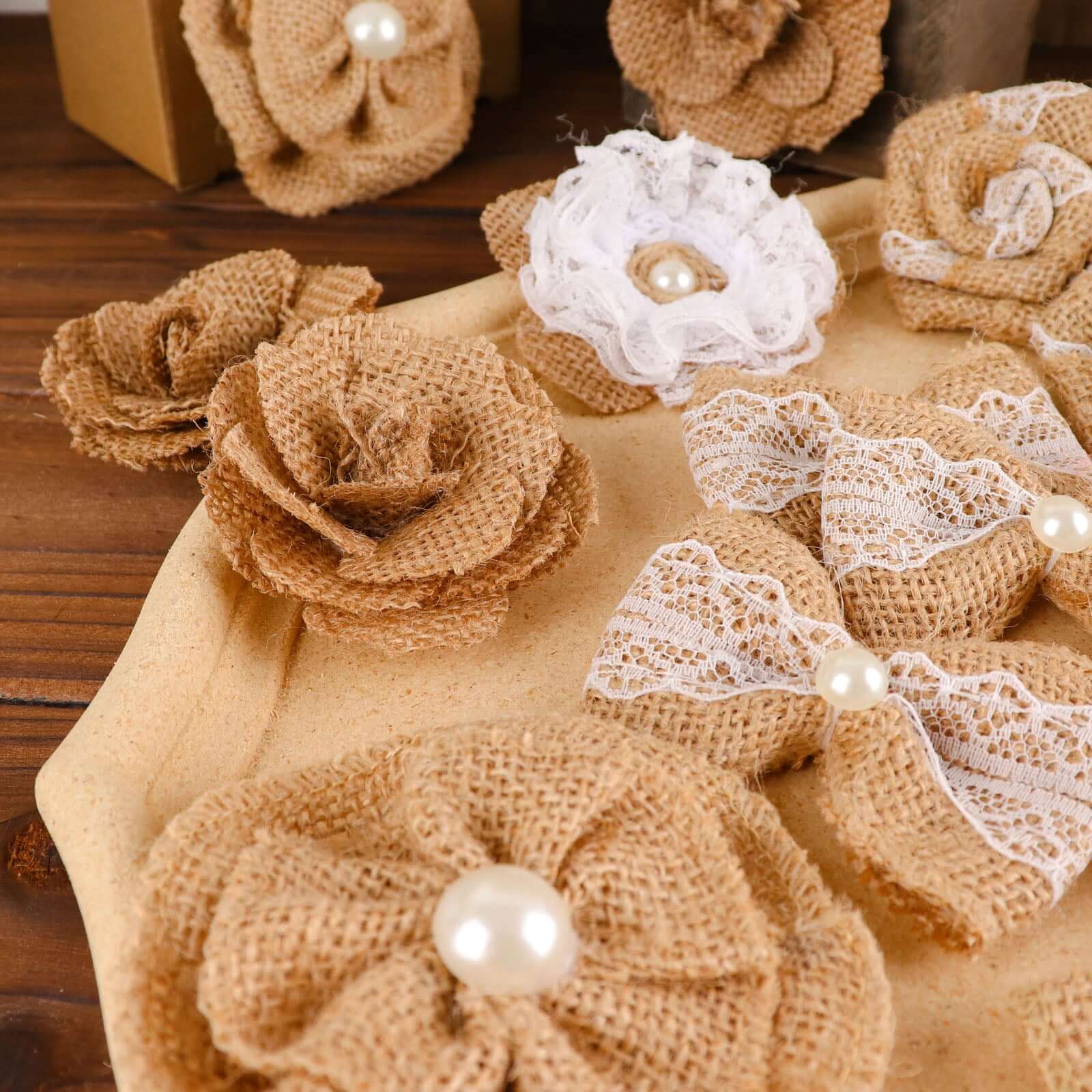 24 Pcs Natural Burlap Flower and Bows Set w Lace Ribbon Craft Supplies, DIY Jute Stick On Ribbon and Bows, 30 Sticker Dots Included, 8 Assorted Styles