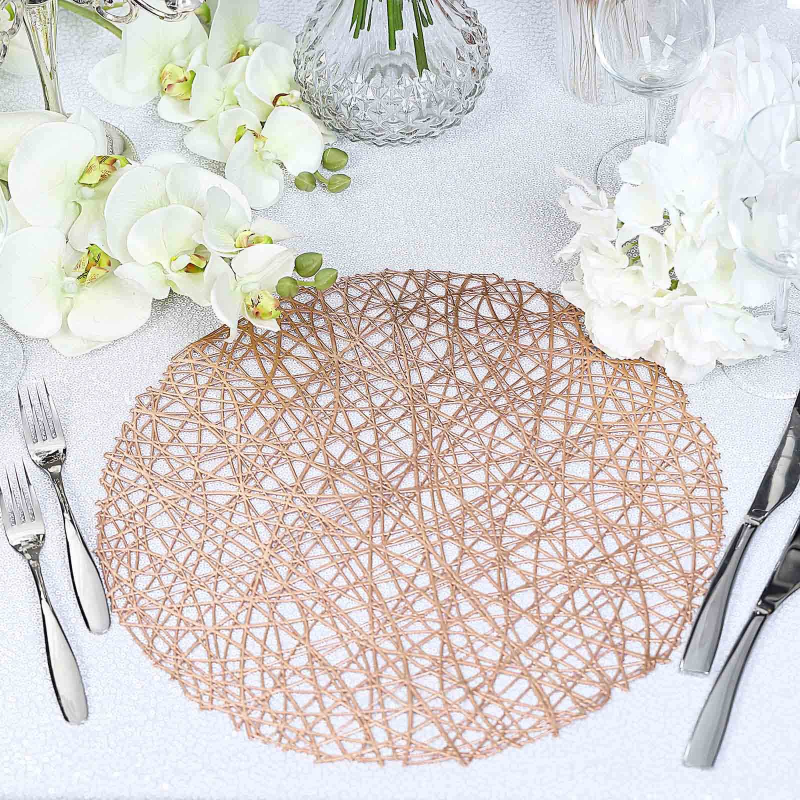 6-Pack Vinyl Placemats Rose Gold Woven Design - Durable Non-Slip Round Table Mats for Dining 15