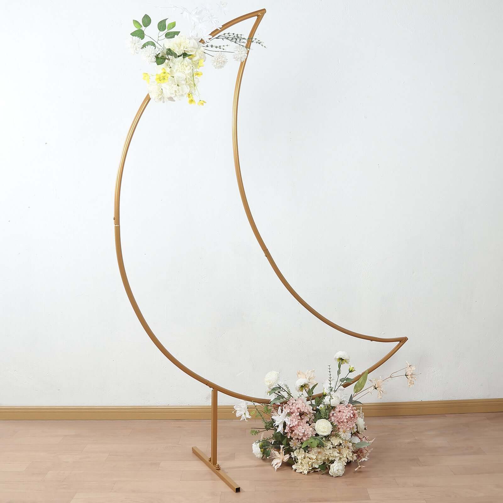 6.5ft Gold Metal Crescent Moon Wedding Arch Backdrop Stand, Curved Arbor Floral Balloon Frame with Sturdy Base