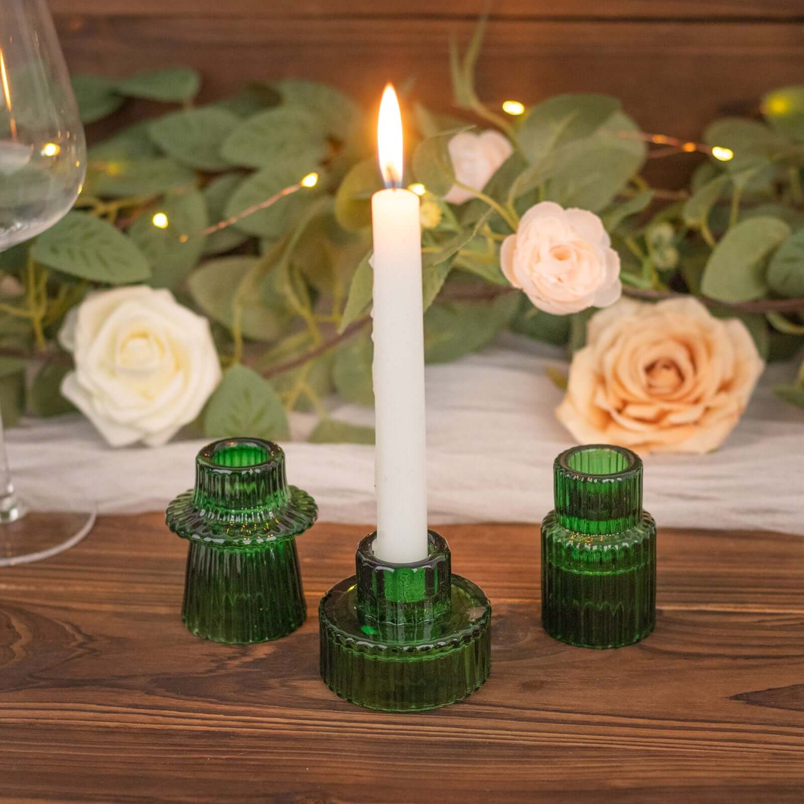 Set of 6 Glass Taper Candle Holders Ribbed Crystal Design Hunter Emerald Green - Reversible Mini Votive Tealight Stands 3