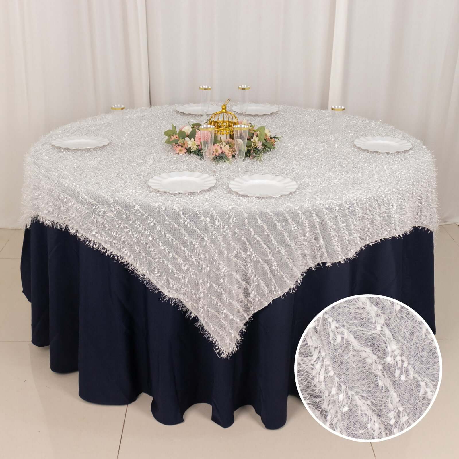 Polyester 72x72 Table Overlay Square Tablecloth White Fringe Shag Design for Stylish Celebrations