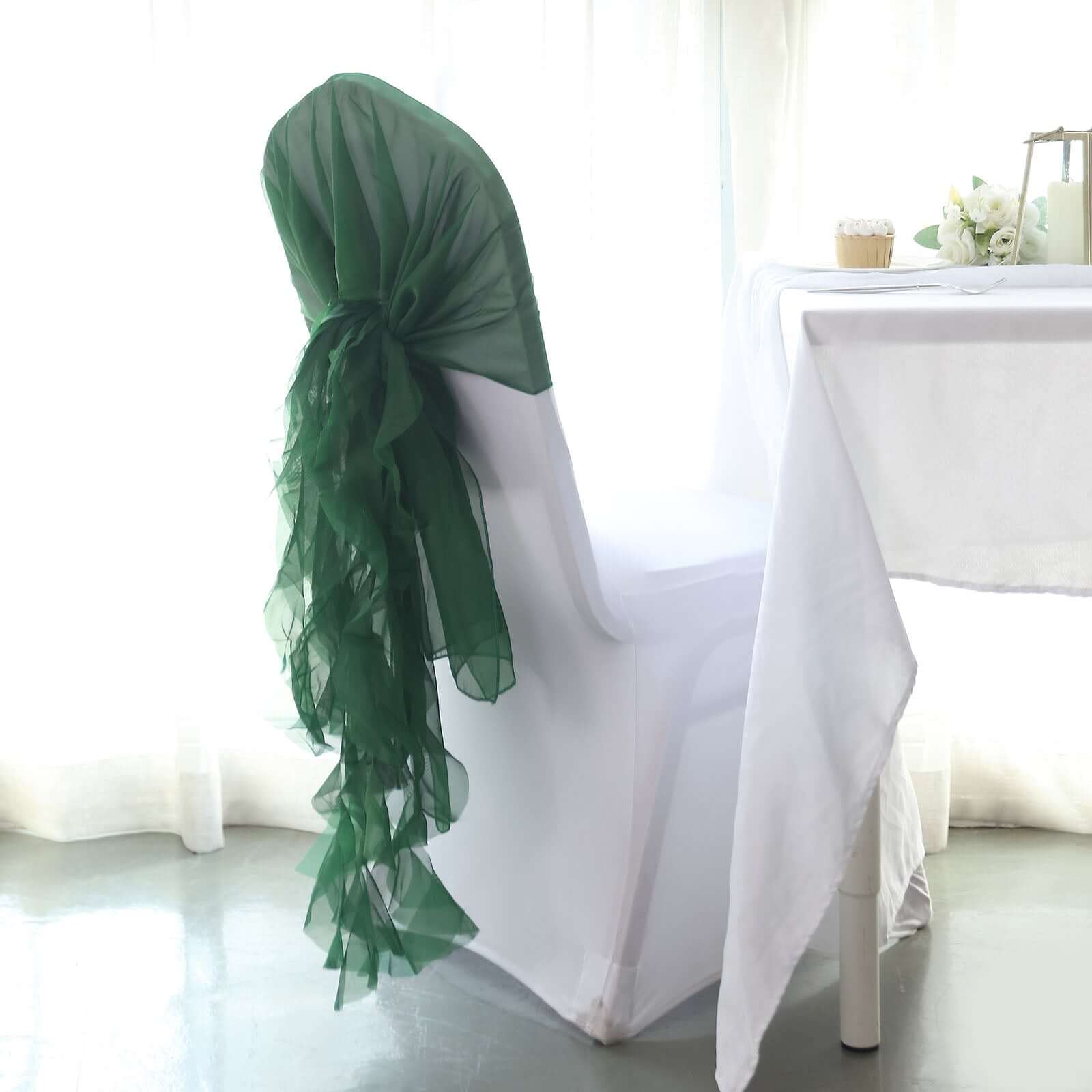 1 Set Chiffon Hoods Chair Sashes with Willow Ruffles Design Hunter Emerald Green - Stylish Chair Bow Decor