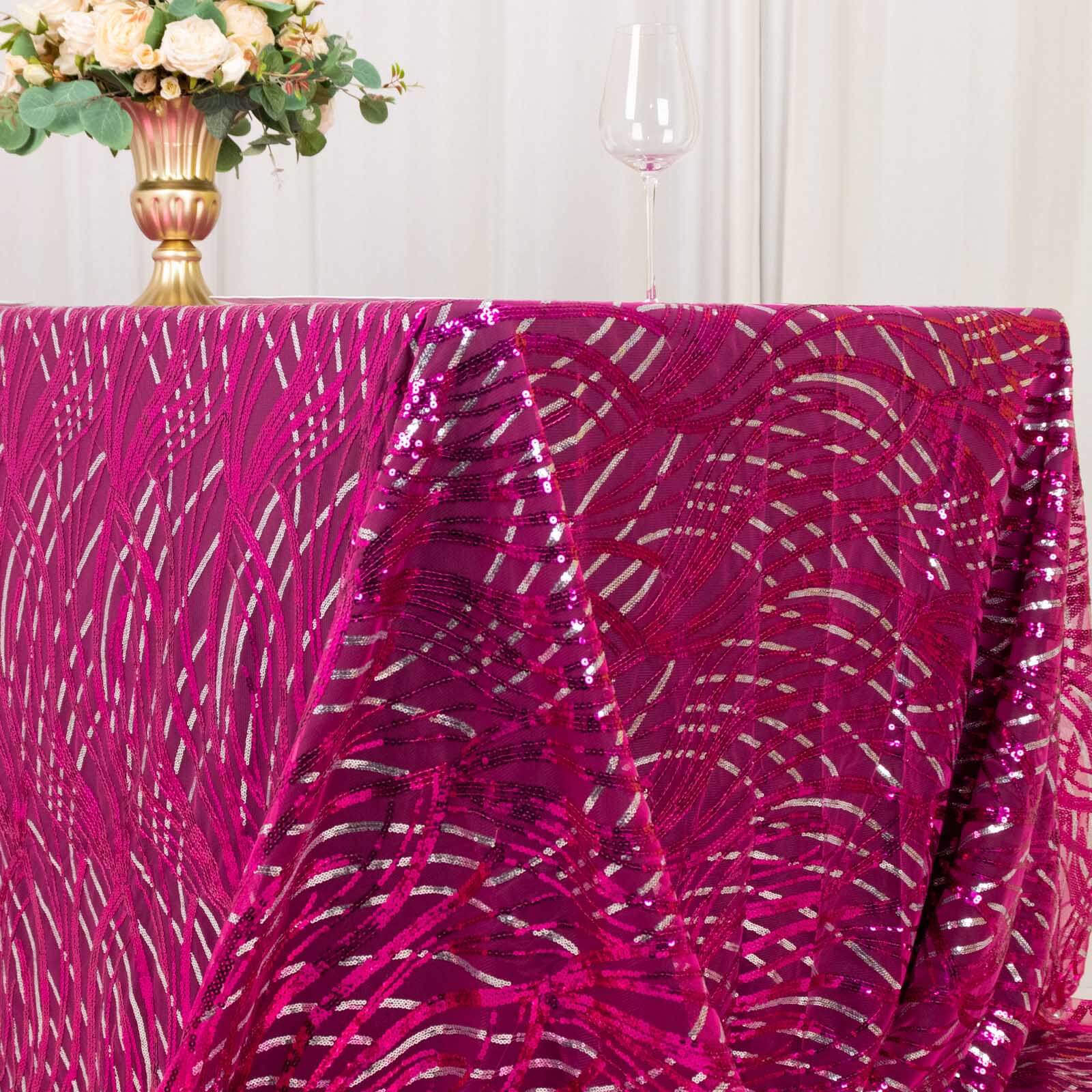 Mesh 90x156 Rectangle Tablecloth Fuchsia/Silver - Wave Sequin Embroidered Table Cover