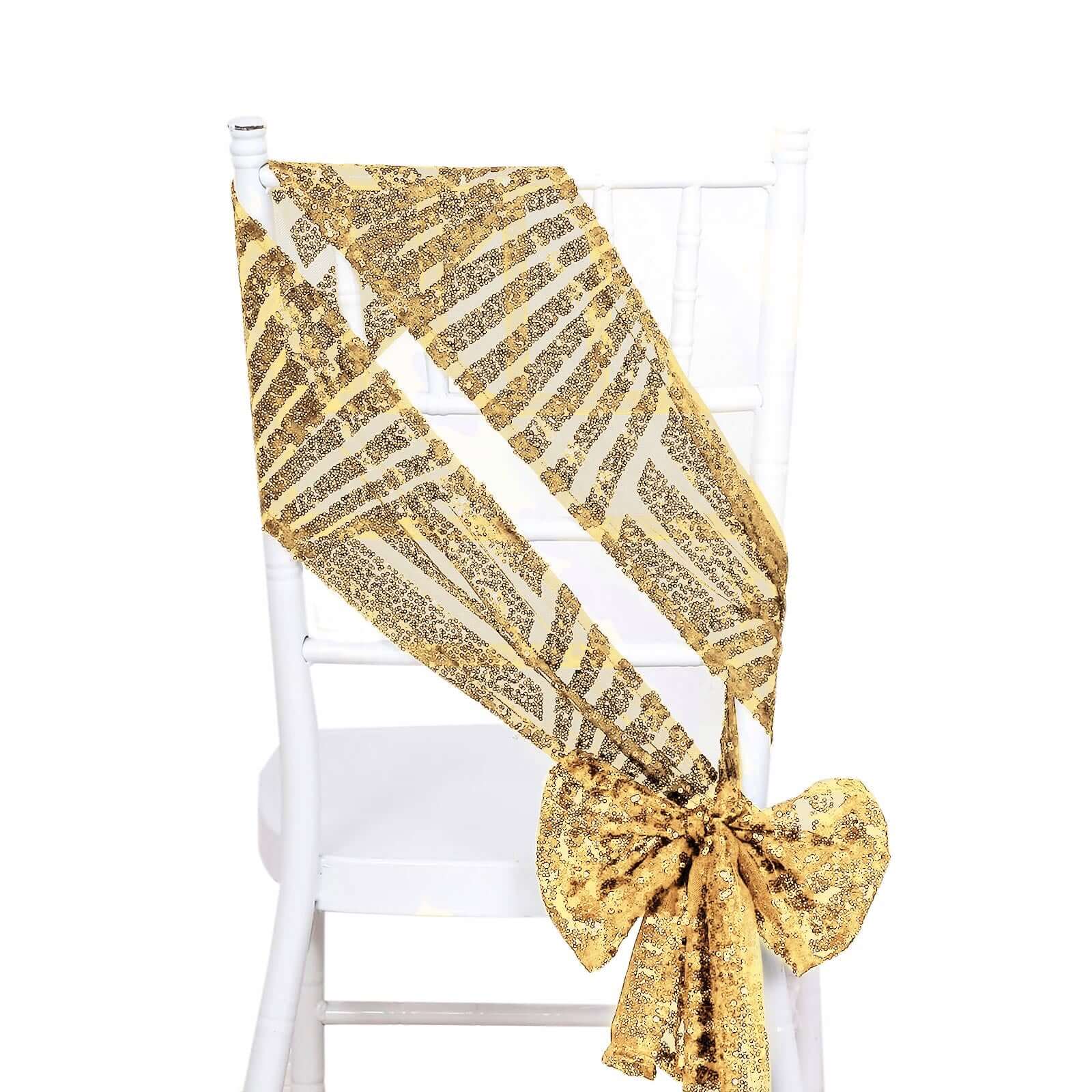 5 Pack Glitz Sequin Chair Sashes with Geometric Diamond Design 6x88 Gold - Glittering Accent for Weddings