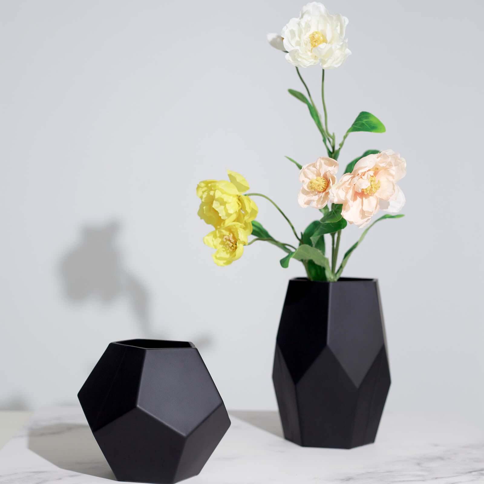 Set of 2 Glass Flower Vases Geometric Design Matte Black - Stylish Modern Candle Holder Centerpieces 5, 8