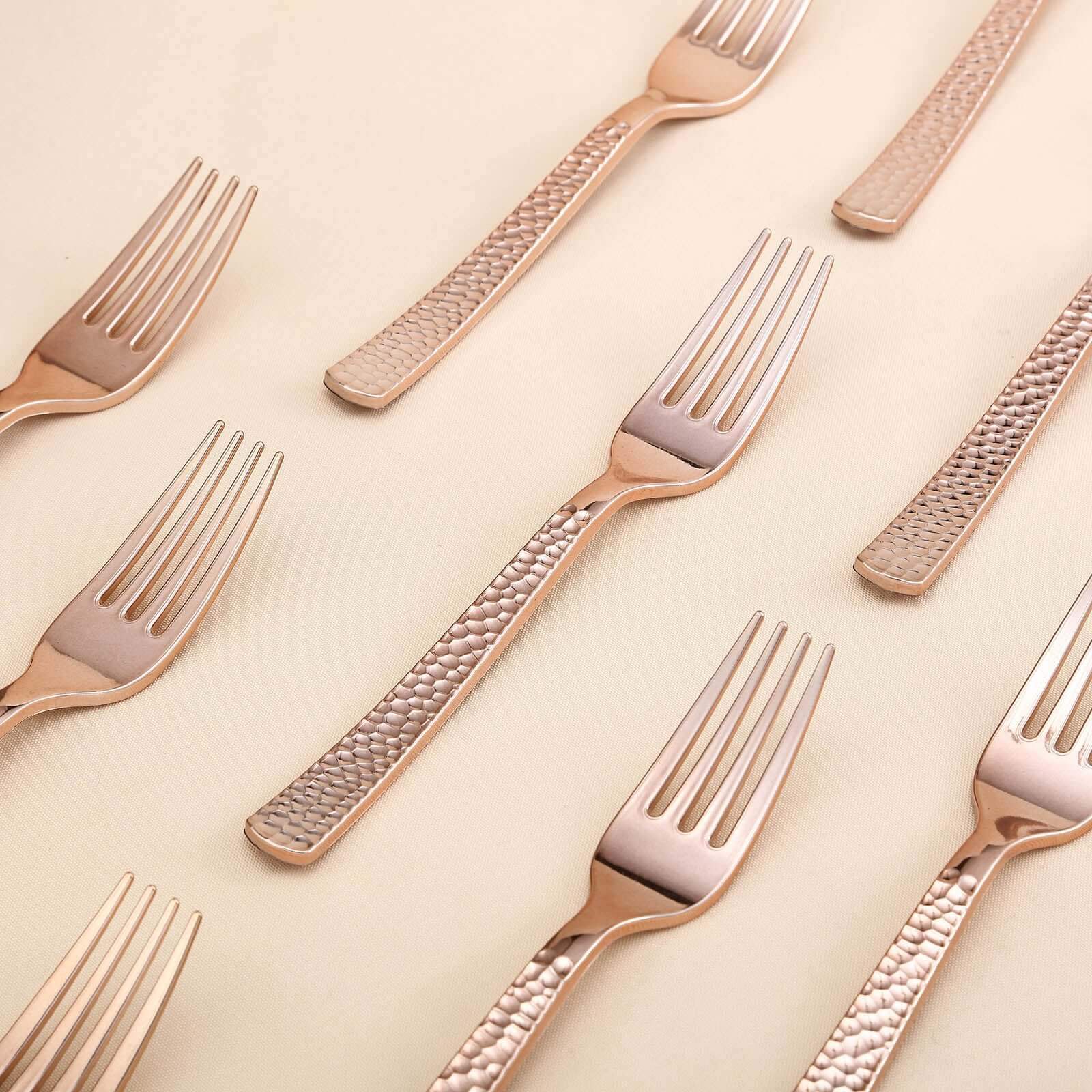 24-Pack Plastic Forks with Hammered Style Rose Gold - Heavy Duty Disposable Silverware 7