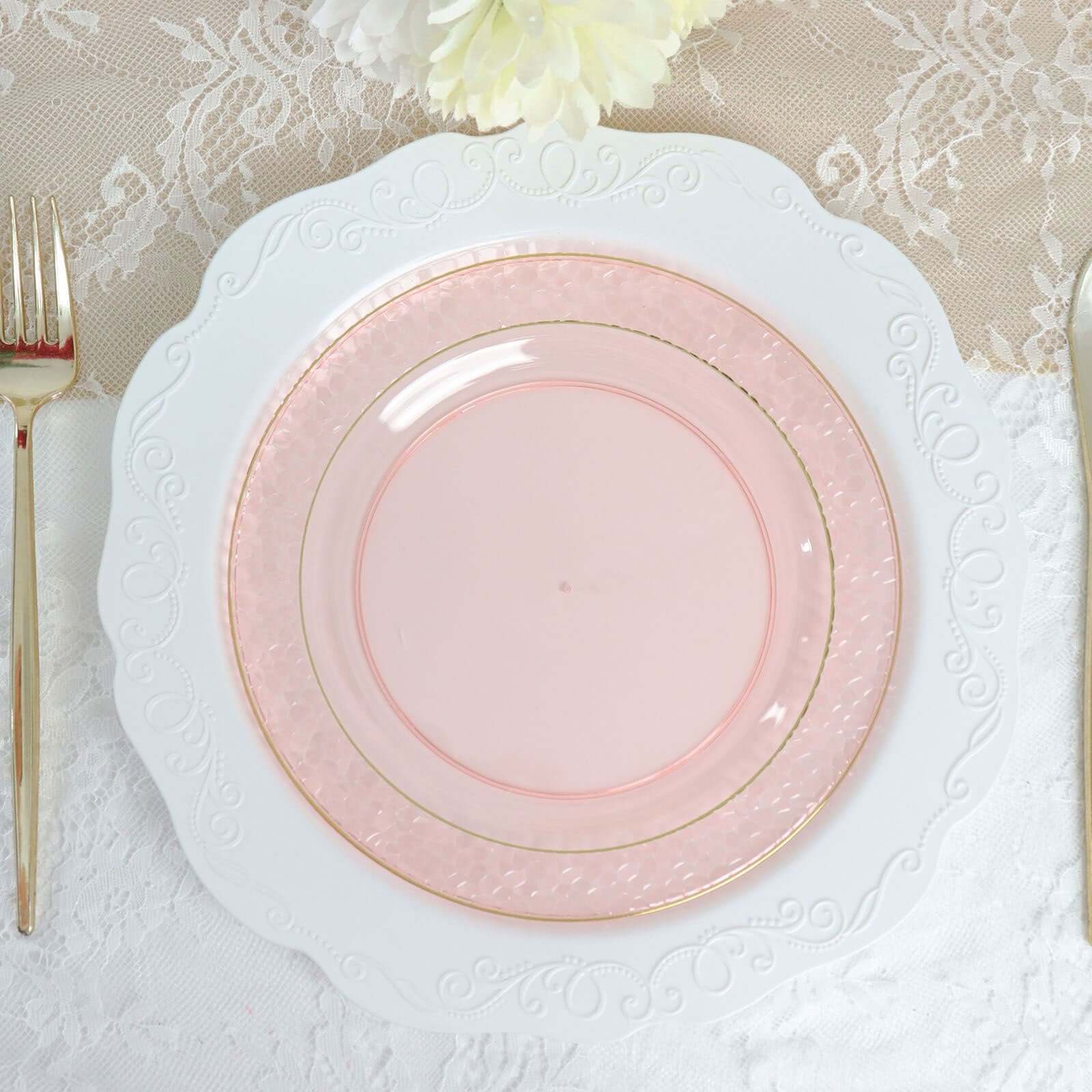 10-Pack Plastic 7.5 Round Appetizer Plates in Blush Hammered Design with Gold Rim - Disposable Salad Plates for Chic Banquets & Special Occasions