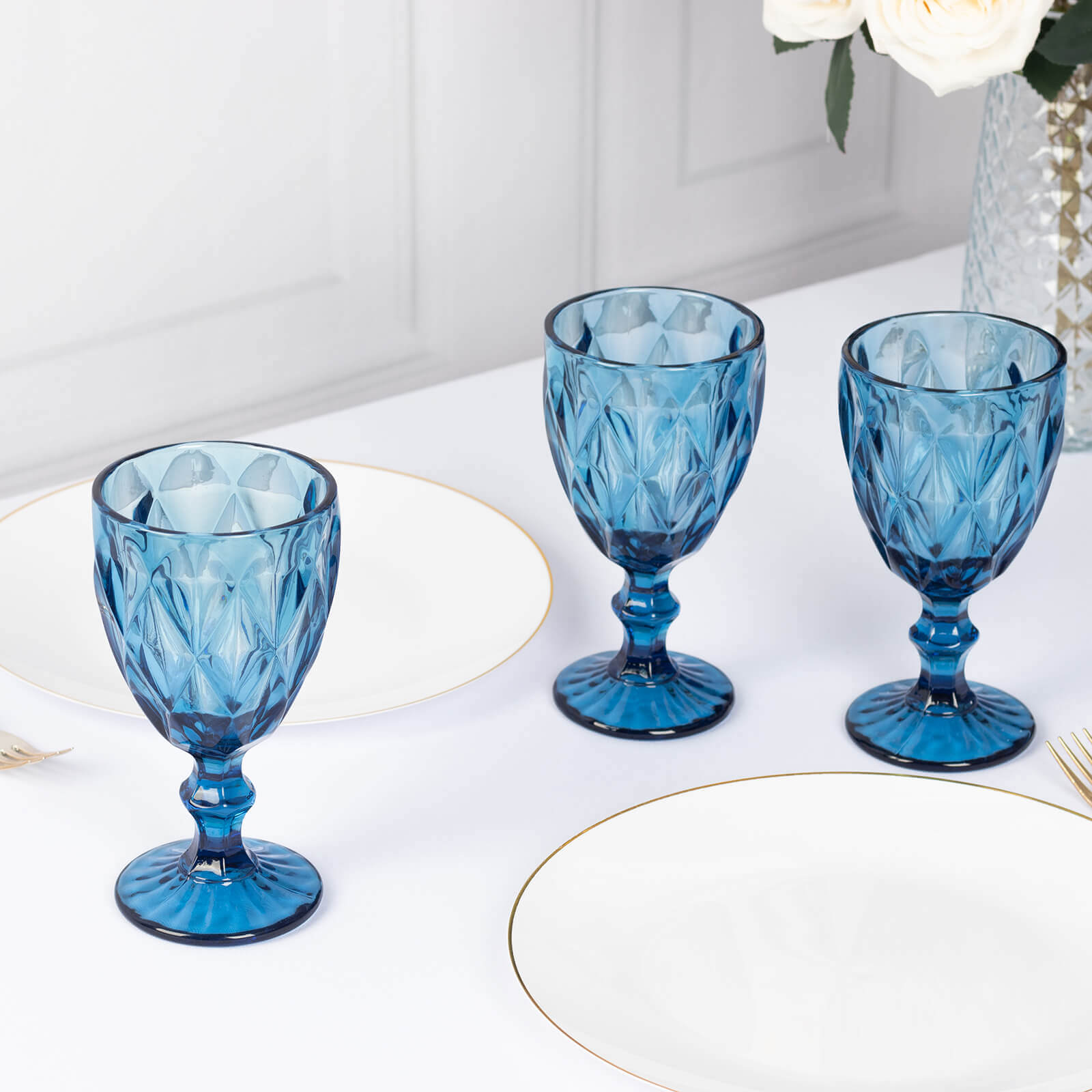 6-Pack Wine Glasses Ocean Blue Embossed Crystal Cut Design Stemmed - Colored Goblets for Parties & Events 12oz 7