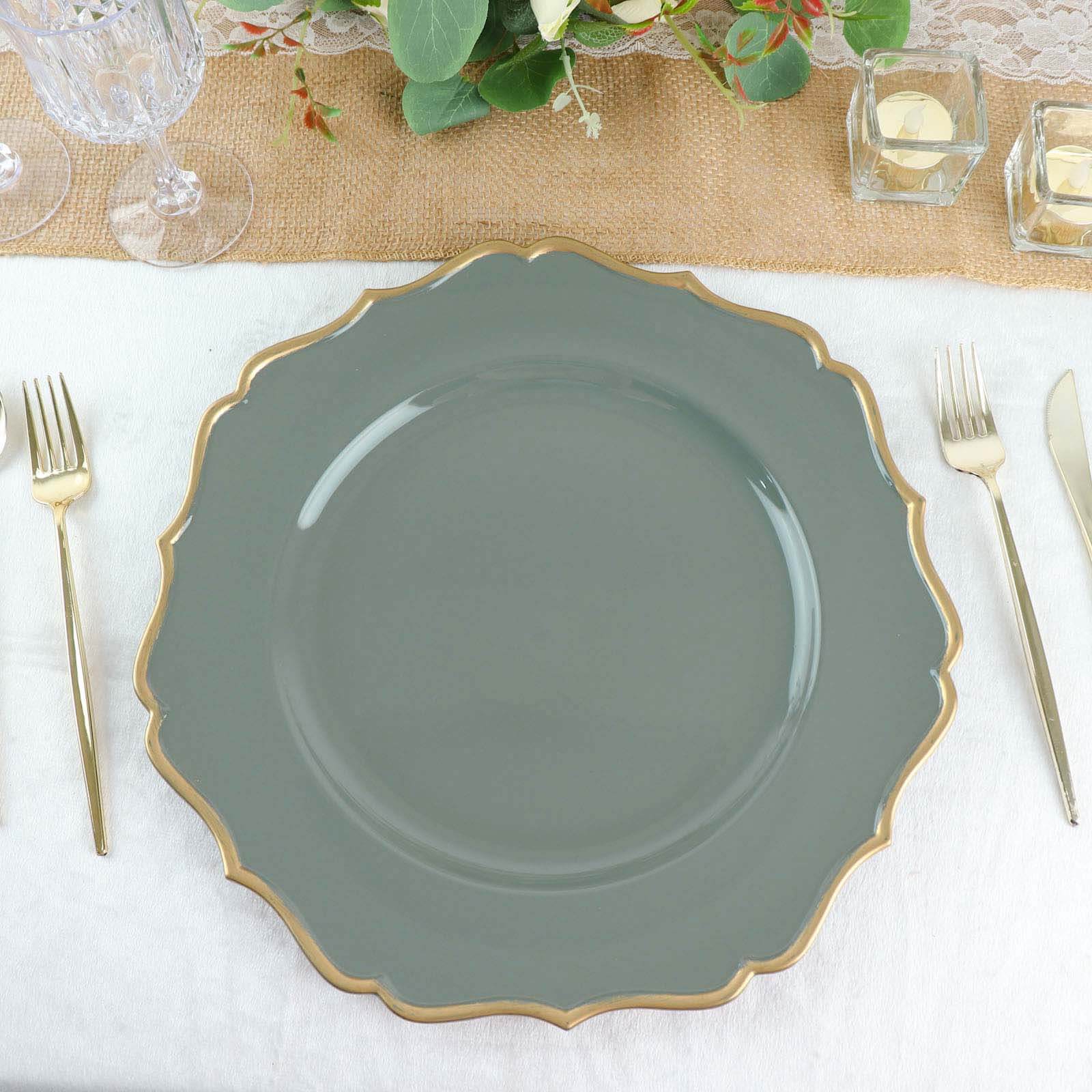 6-Pack Acrylic Round Charger Plates 13 in Olive Green with Gold Scalloped Rim, Decorative Dinner Party Plastic Charger Tableware