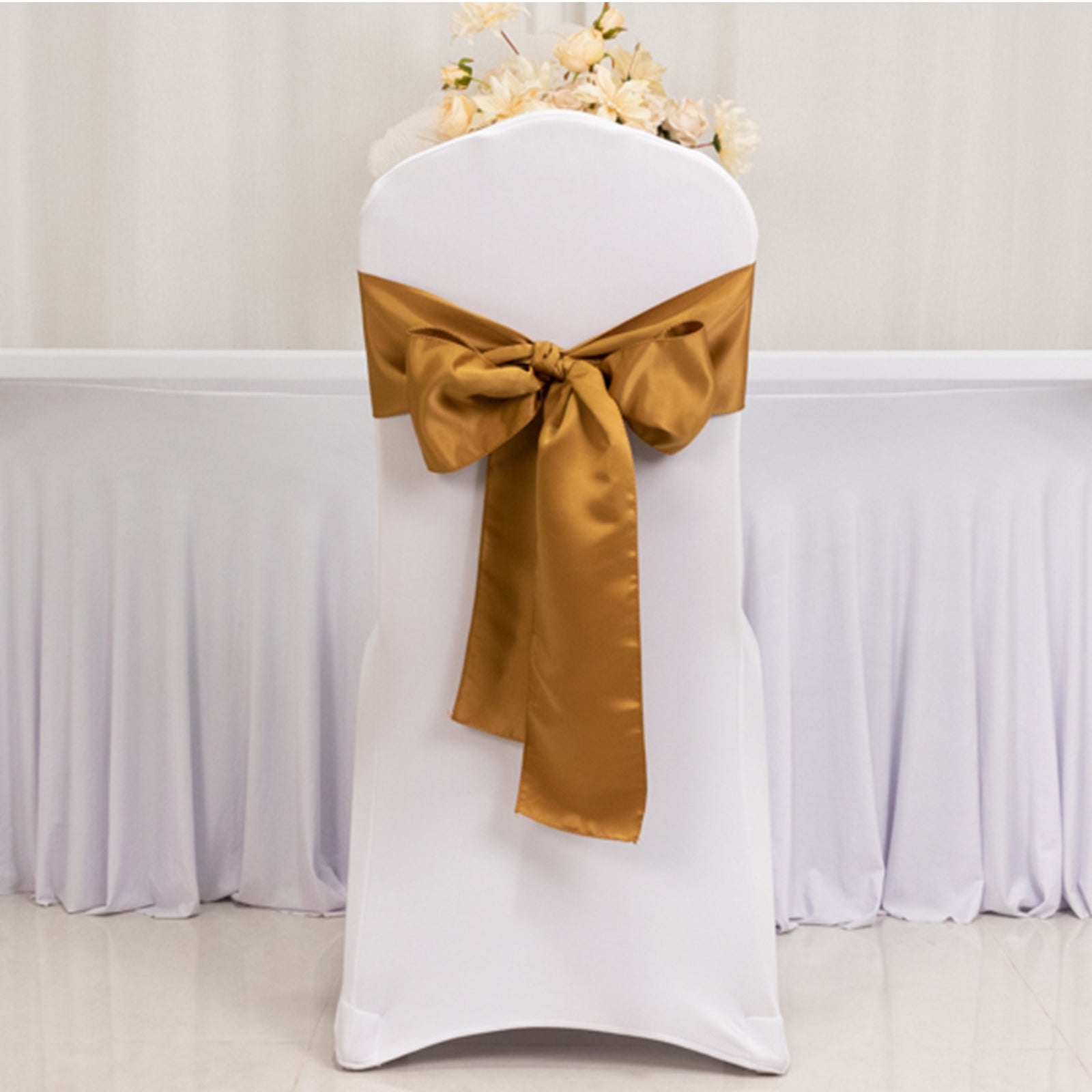 5 Pack Lamour Satin 6x106 Chair Sashes Gold - Stylish Reusable Decorative Bows for Weddings & Gatherings