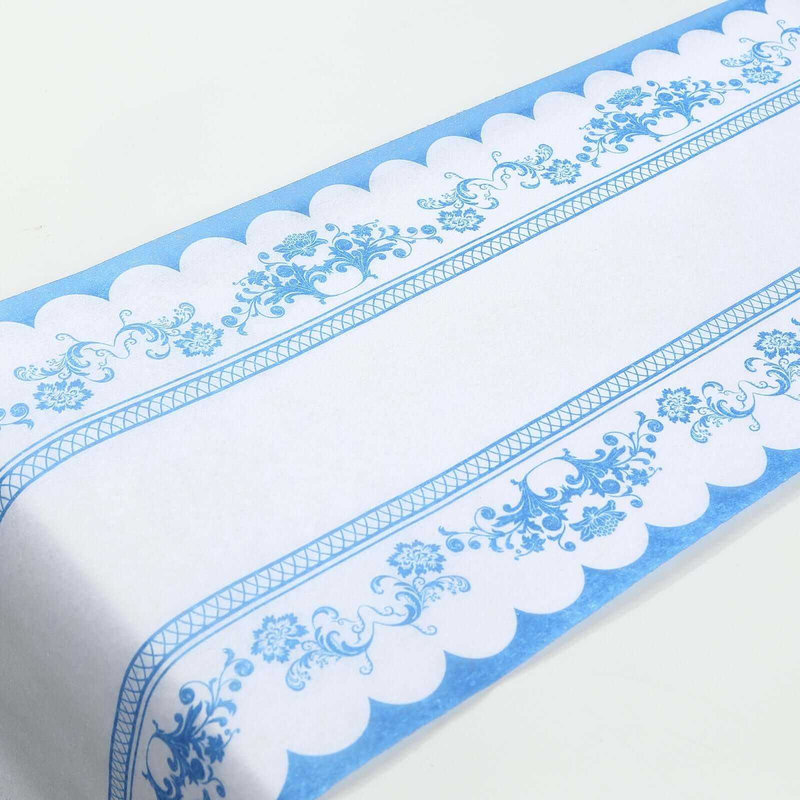 5 Pack Disposable Table Runners 11x108 White with Blue Ornate Floral Prints - Non-woven Stylish Kitchen Dining Table Decor