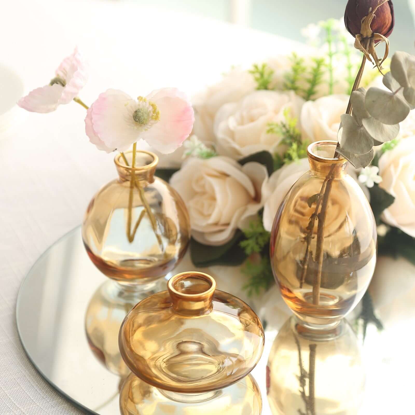 Set of 3 Gold Glass Bud Vases with Metallic Gold Rim - Modern Flower Table Centerpieces Assorted Sizes