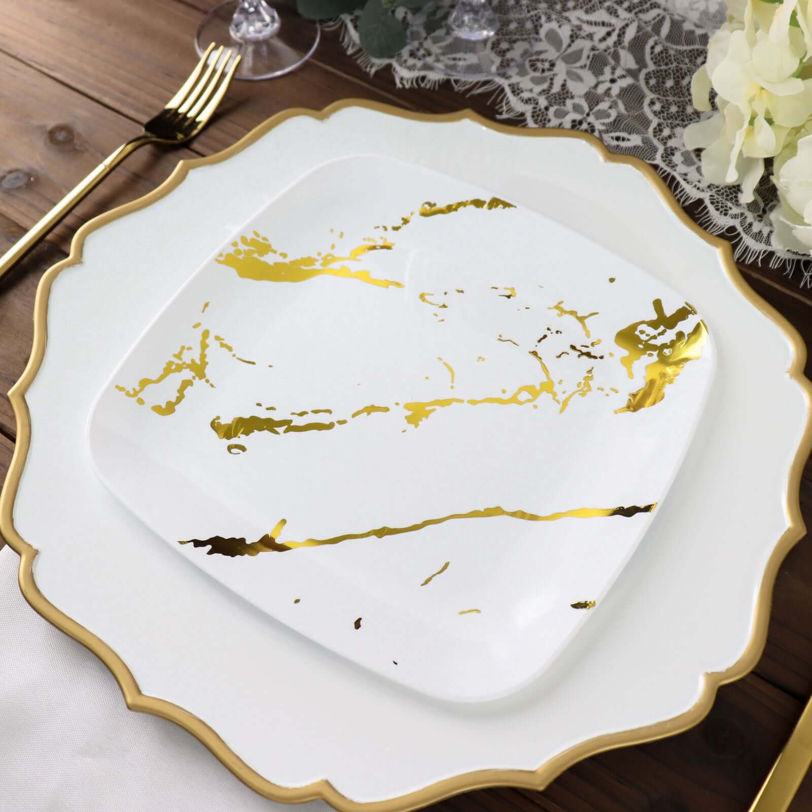 10-Pack Plastic 8 Square Dessert Plates in White with Gold Marble Design - Disposable Appetizer Salad Party Plates for Weddings, Banquets & Special Events