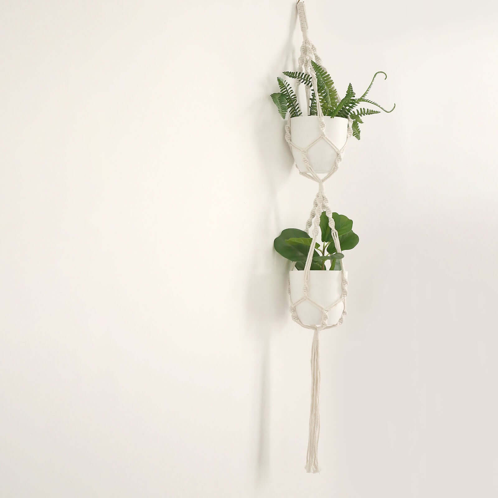 2-Tier Hanging Planter Basket with Tassels Ivory Double Boho Design - Cotton Rope Indoor Decorative Holders