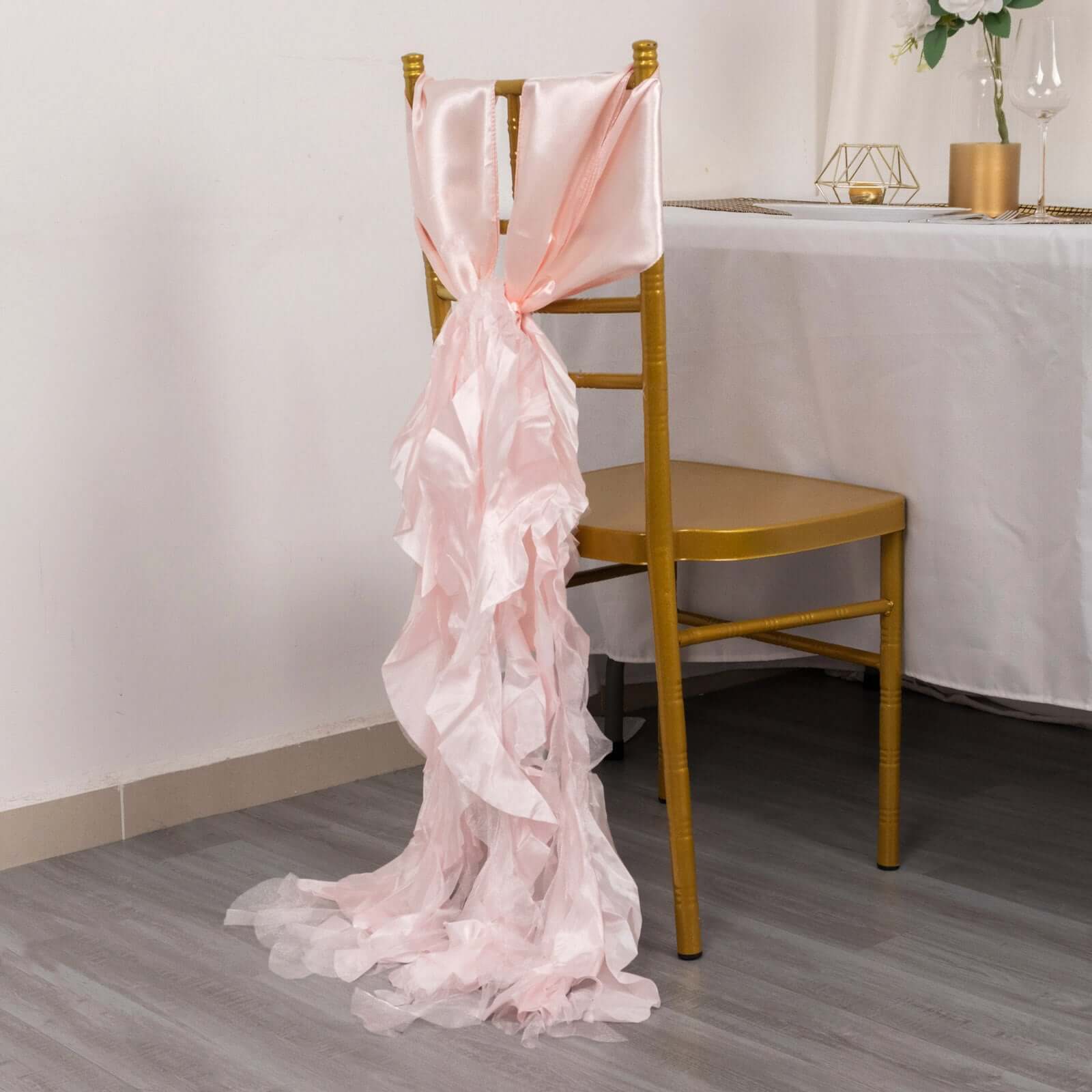 5 Pack Chiffon Satin Chair Sashes Blush - Easy to Install Ruffled Curly Willow