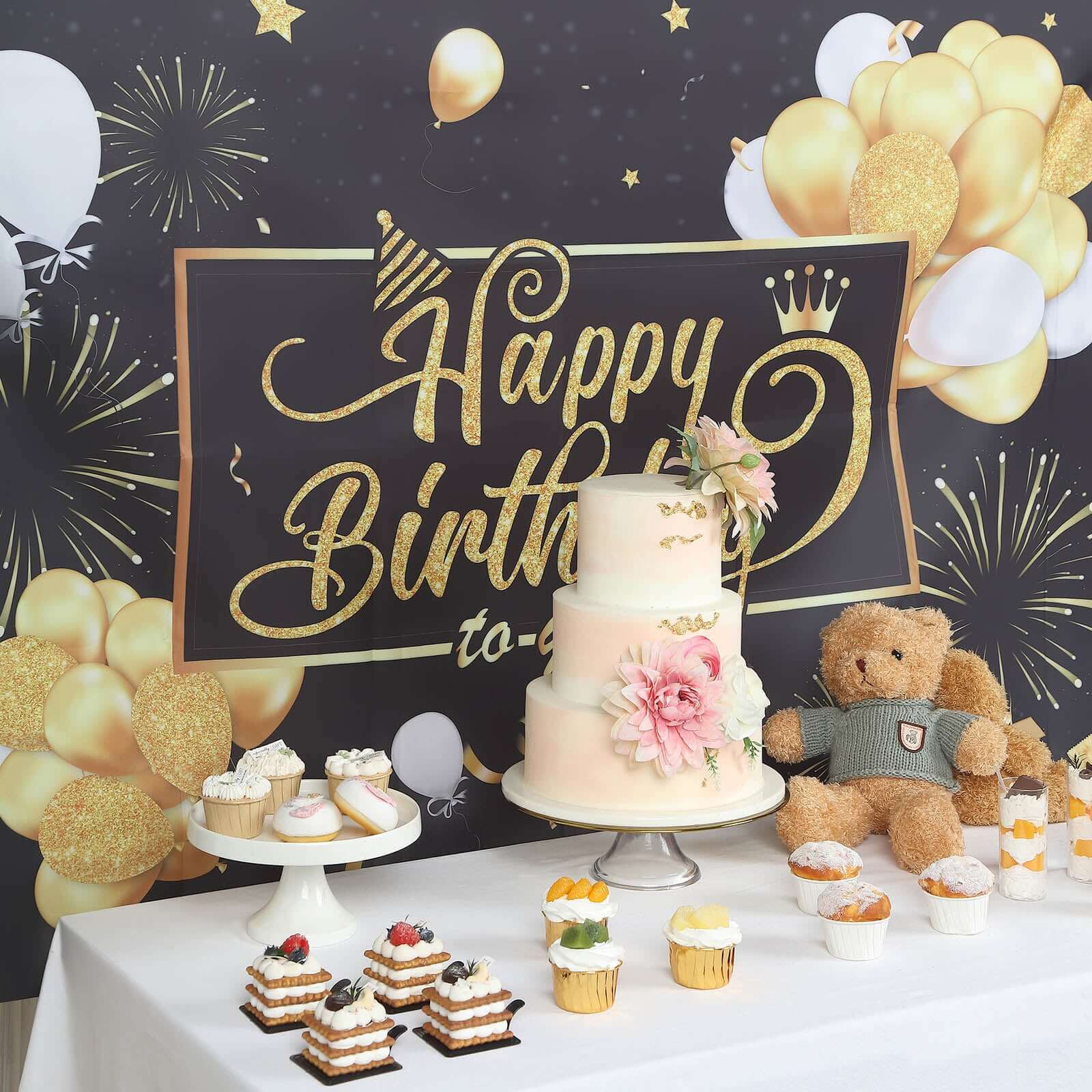 6ftx3ft Black Gold Happy Birthday Photo Booth Backdrop Decoration, Large Polyester Background Banner