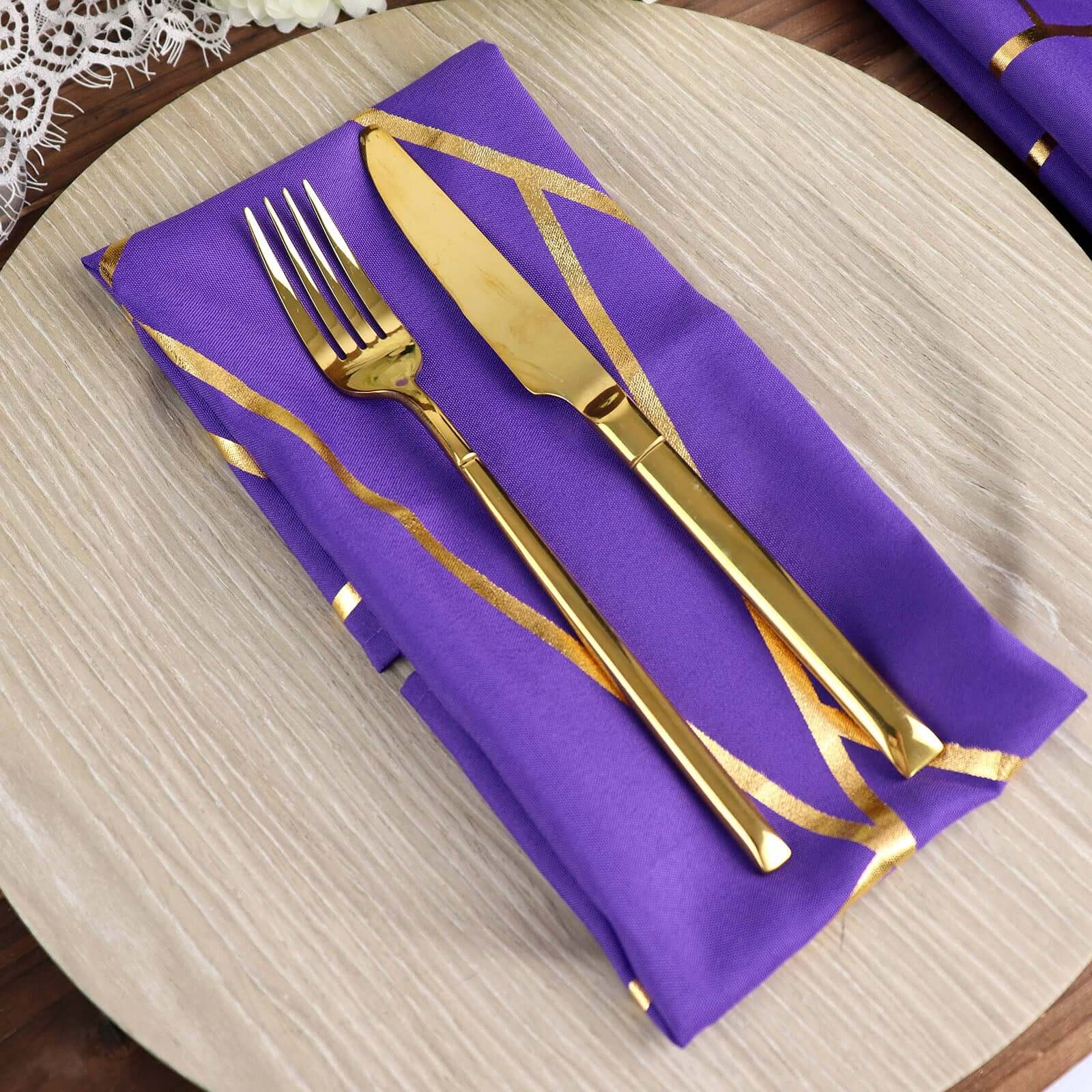 5 Pack Polyester 20x20 Napkins Purple with Gold Geometric Foil Pattern - Modern Reusable Dinner Napkins