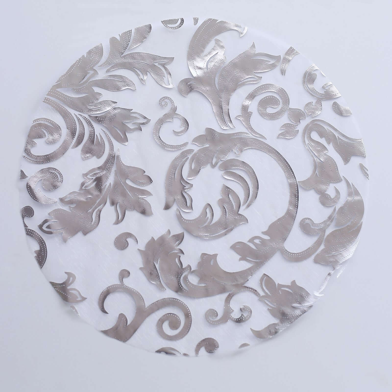 10-Pack Table Placemats Swirl Foil Floral Design Metallic Silver Round - Sheer Organza Disposable Mats 13