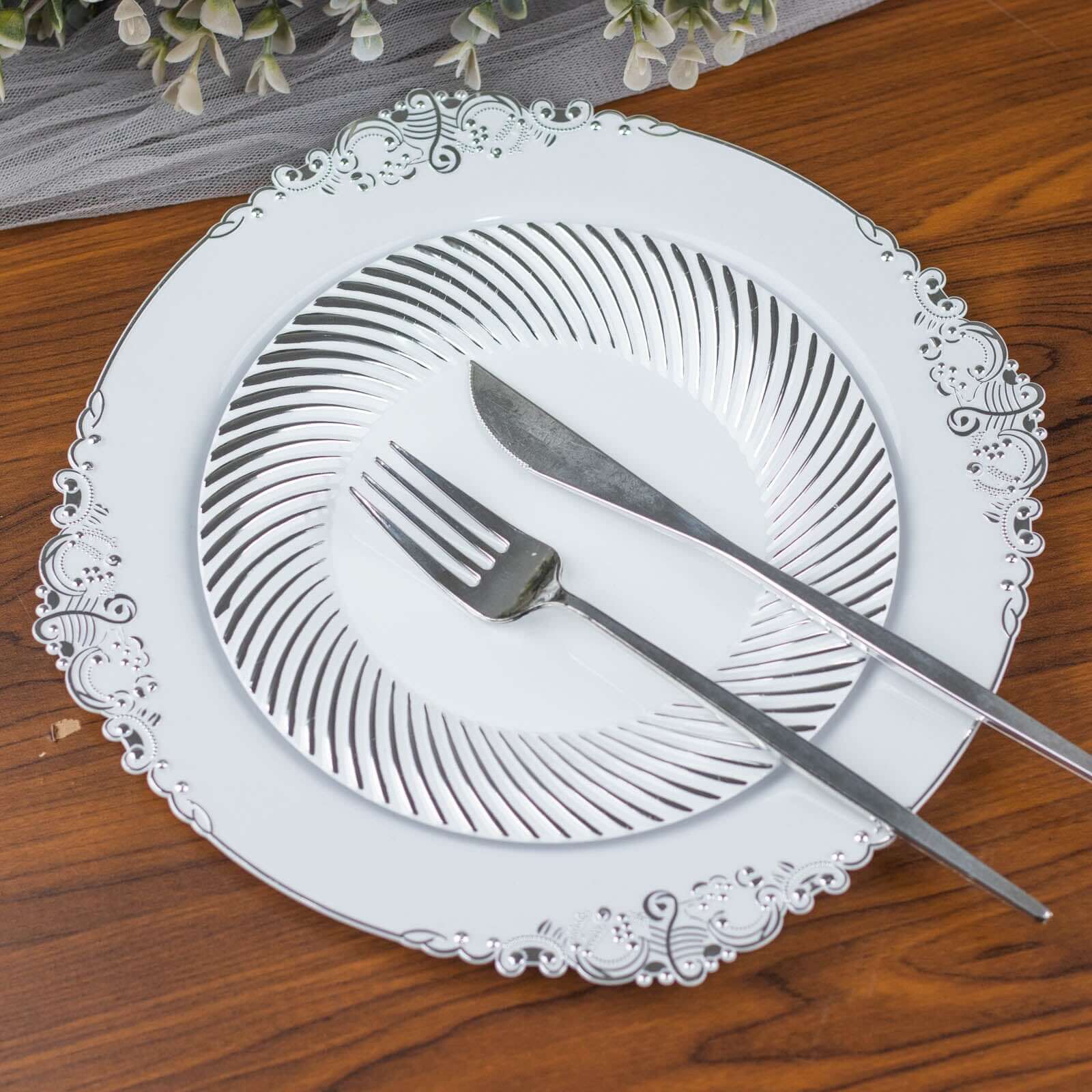 10-Pack Plastic 7 Round Dessert Plates in White with Silver Swirl Rim - Disposable Salad Plates