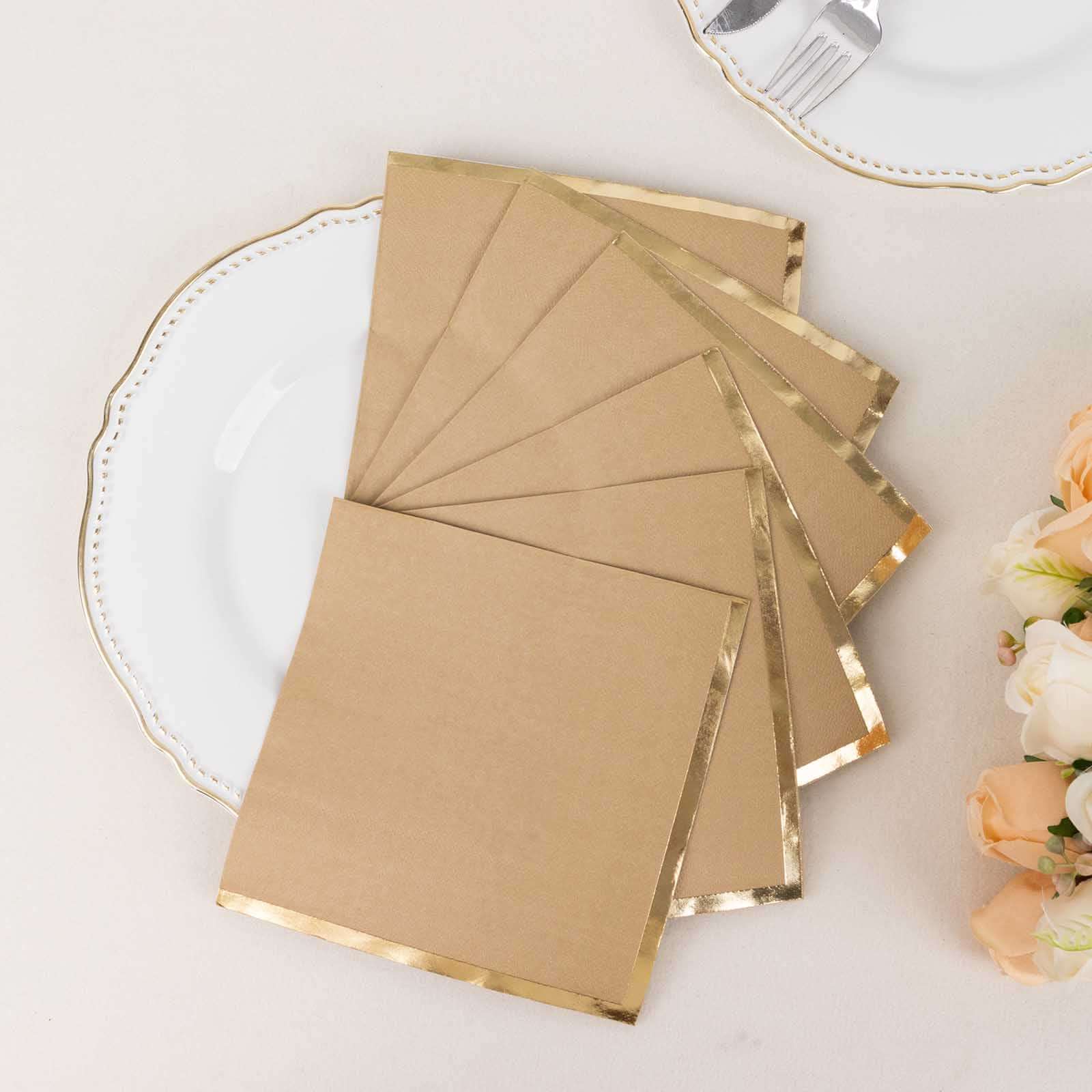 50-Pack Paper Beverage Napkins with Gold Foil Edge Natural - Disposable 2 Ply Cocktail Napkins for Events 6.5x6.5