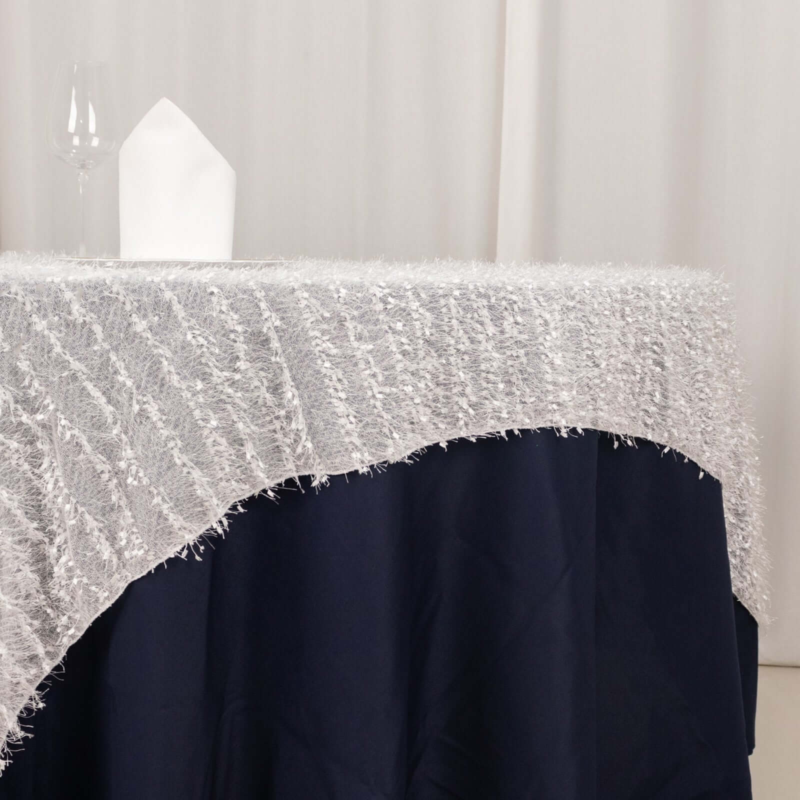 Polyester 72x72 Table Overlay Square Tablecloth White Fringe Shag Design for Stylish Celebrations