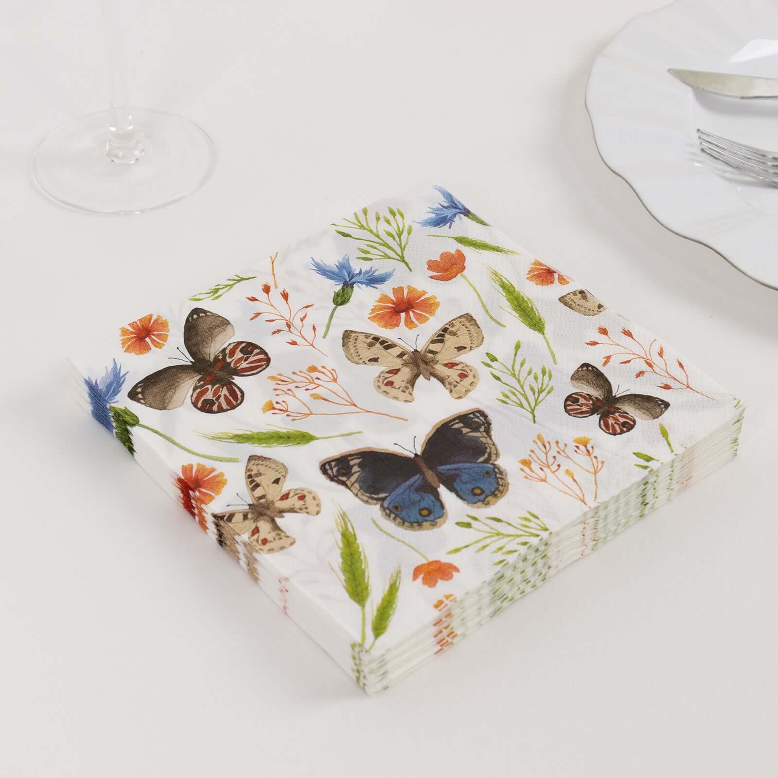 50-Pack Paper Beverage Napkins with Field Herbs and Butterfly Print Ivory - 2 Ply Disposable 18GSM Garden Party Napkins 5x5