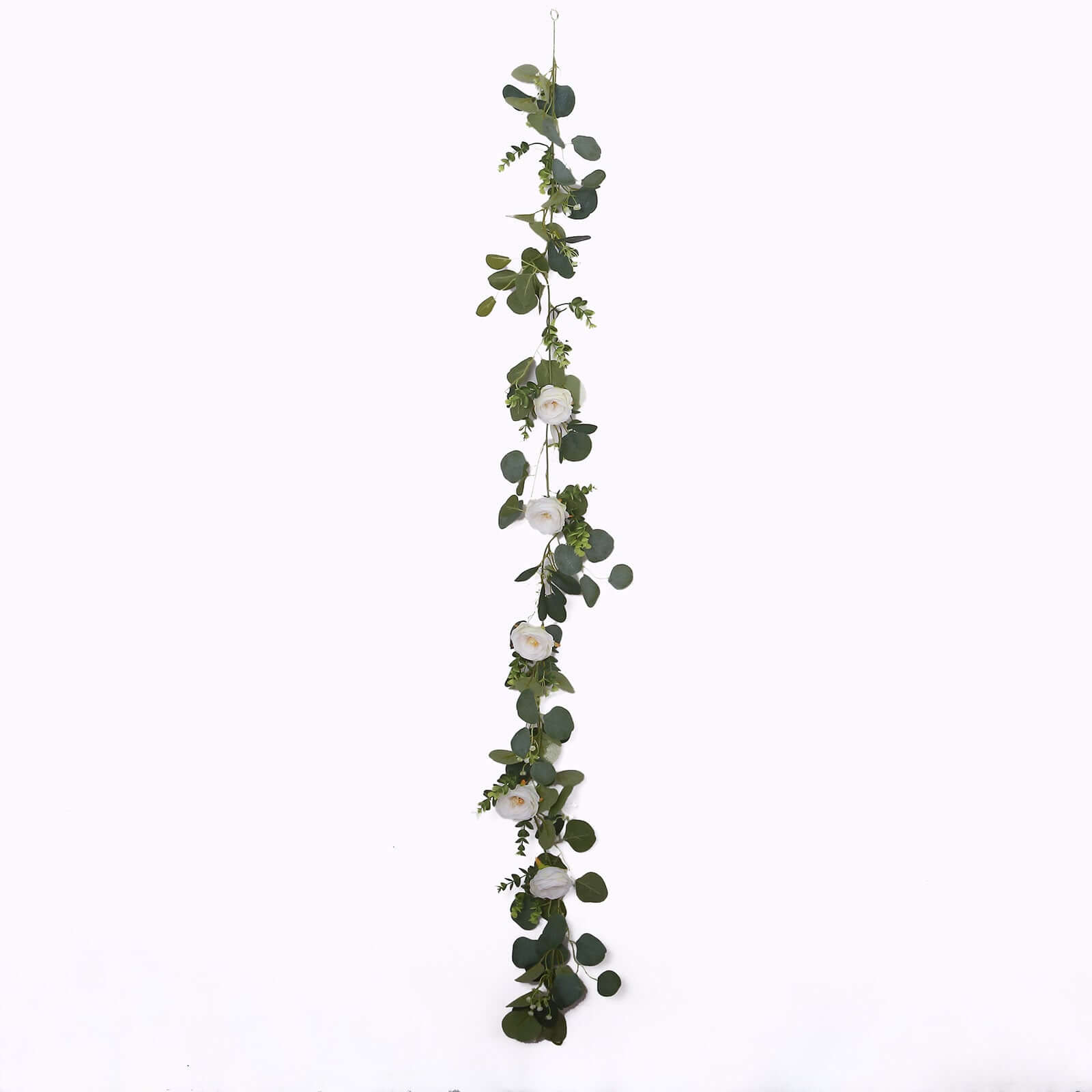 5.5ft Artificial Eucalyptus Leaf Hanging Vines With 7 White Rose Flower Heads, Floral Greenery Table Garland