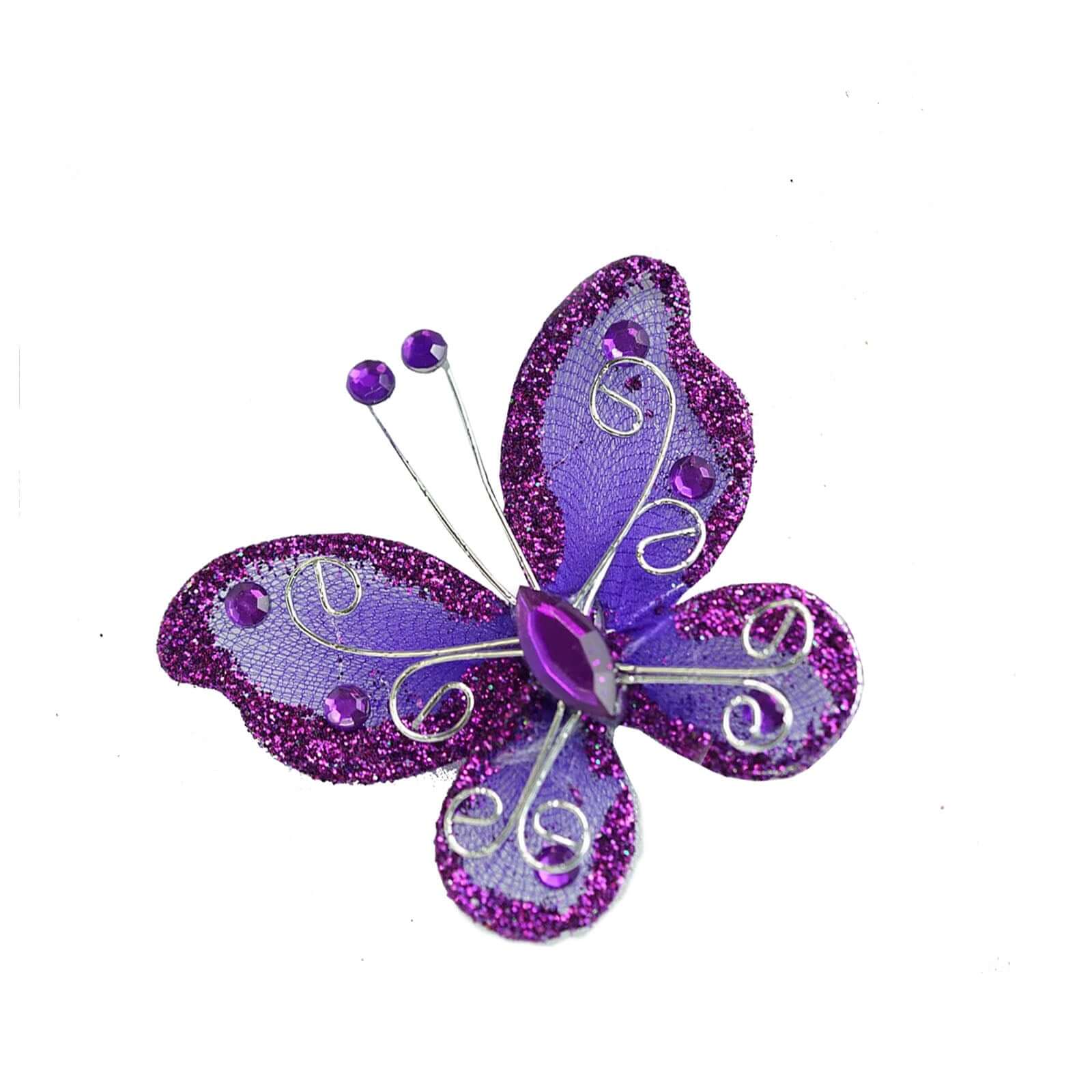 12 Pack 2 Purple Diamond Studded Wired Organza Butterflies