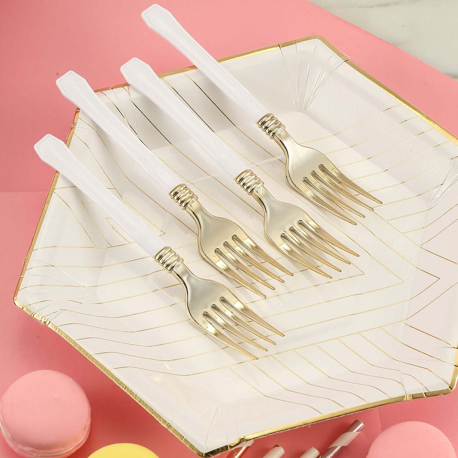 24-Pack Plastic Forks Gold with White Handles - Durable Food Safe Disposable Silverware for Lunch Buffets & Catering Services 7