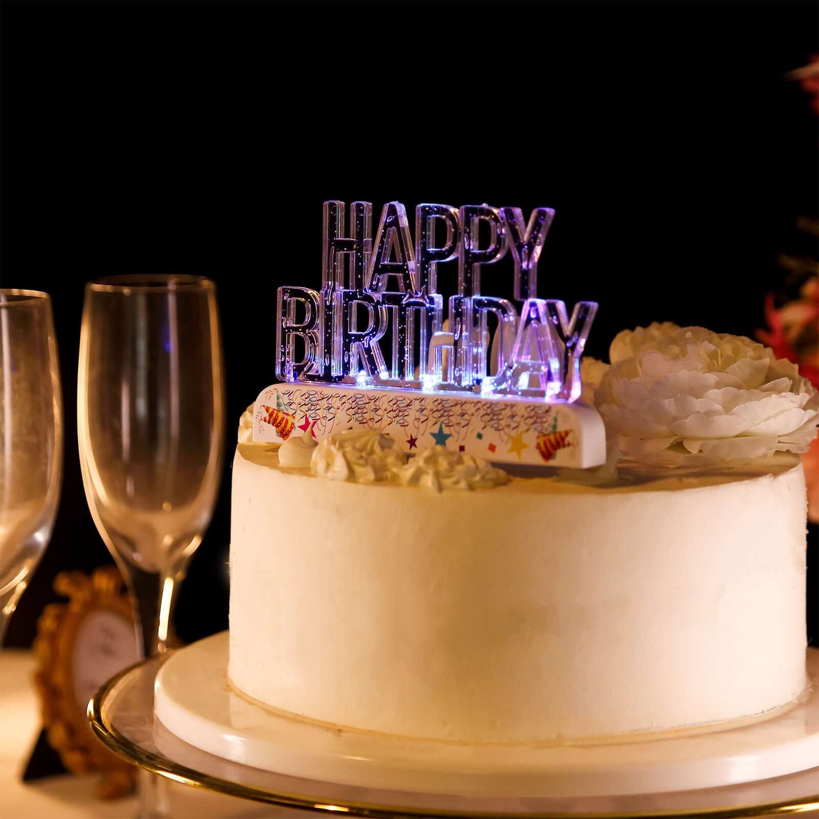 LED Cake Topper Multicolor Flashing Clear Acrylic - Perfect Happy Birthday Party Decor 5x3