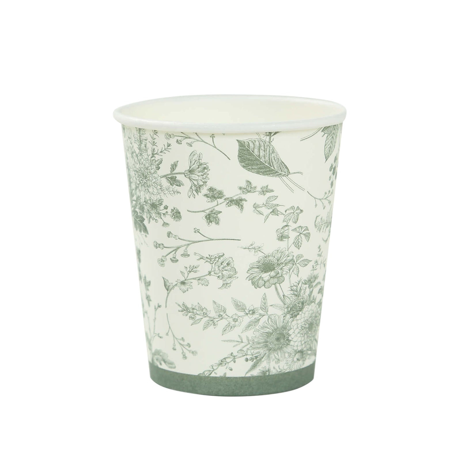 24-Pack Paper Cups White with Sage Green French Toile Print - Stylish Disposable Floral Party Cups for Hot & Cold Beverages 9oz