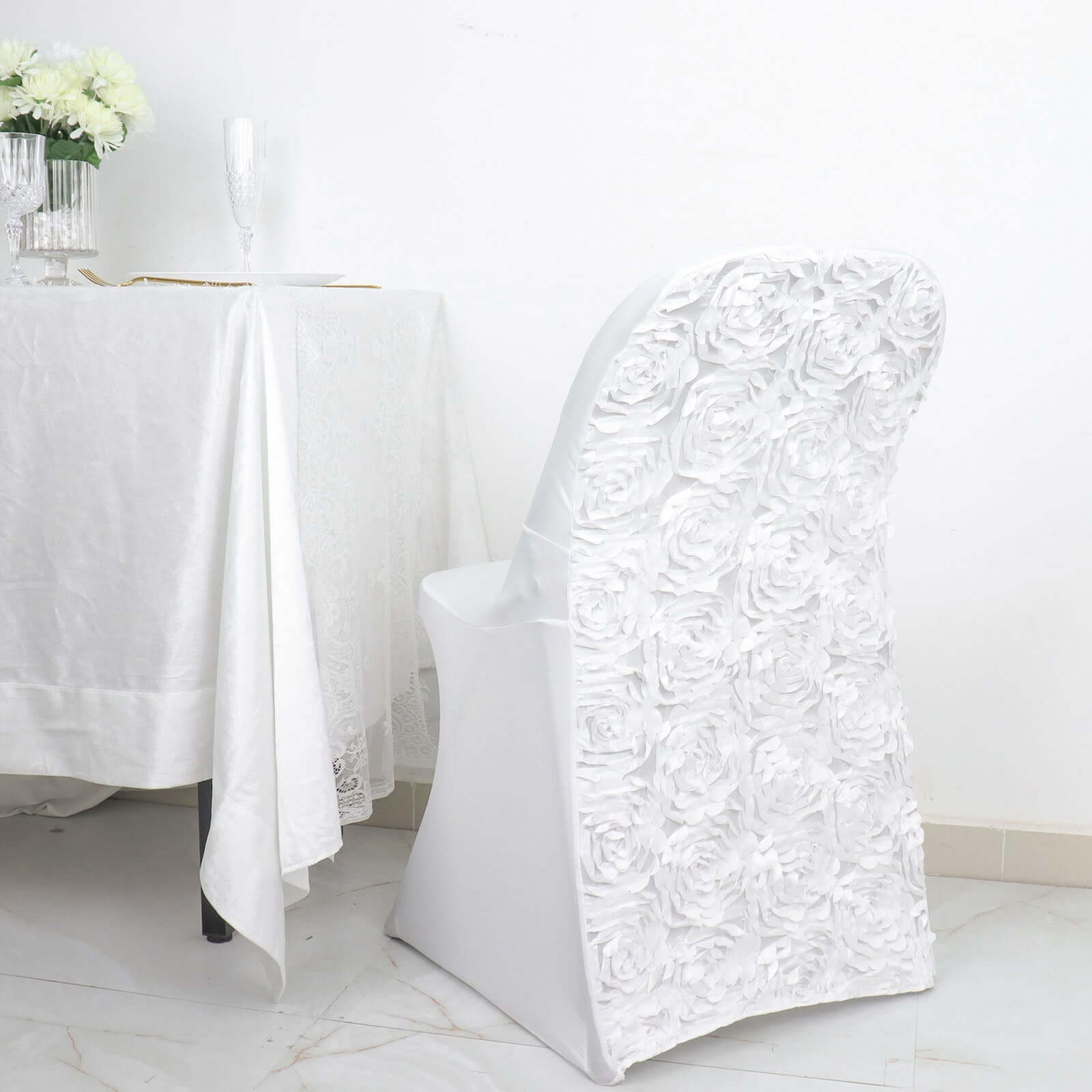 Spandex Chair Cover White for Folding Chairs - Durable Stretch Fitted Slipcover with Satin Rosette Design for Classy Events