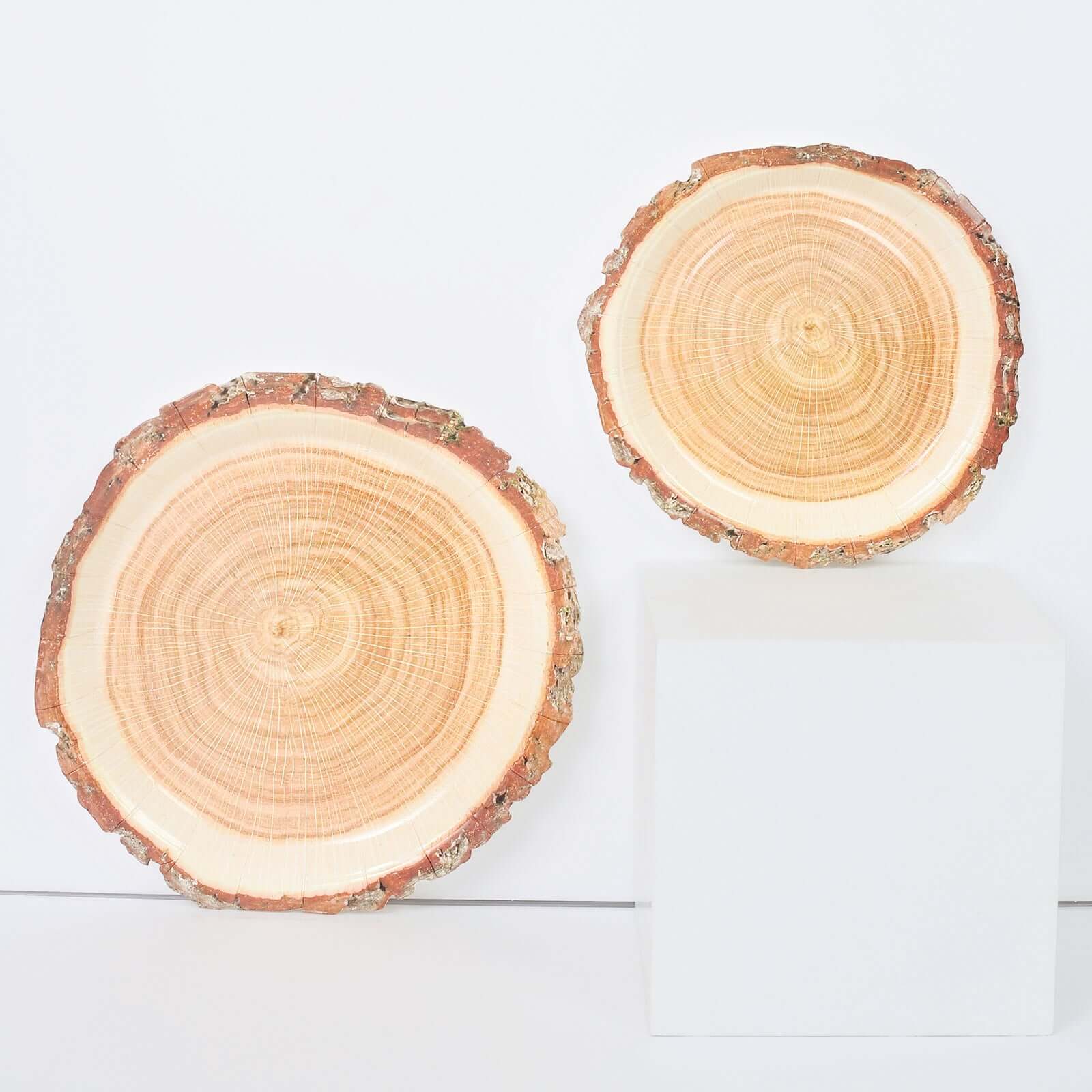 25-Pack Paper 7 Round Dessert Plates in Natural Wood Slice Print - Disposable Appetizer Salad Plates for Rustic Farmhouse Style Events