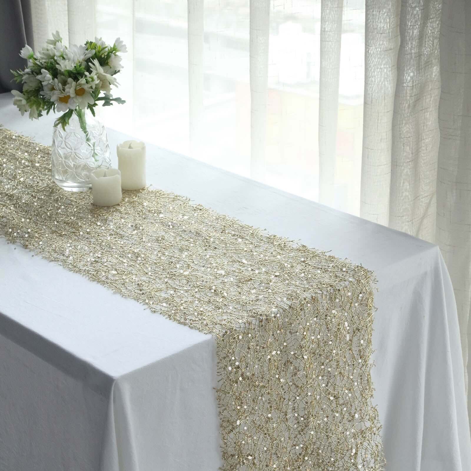 Mesh 12x108 Table Runner Gold - Sequin Schiffli Lace Design for Stylish Celebrations