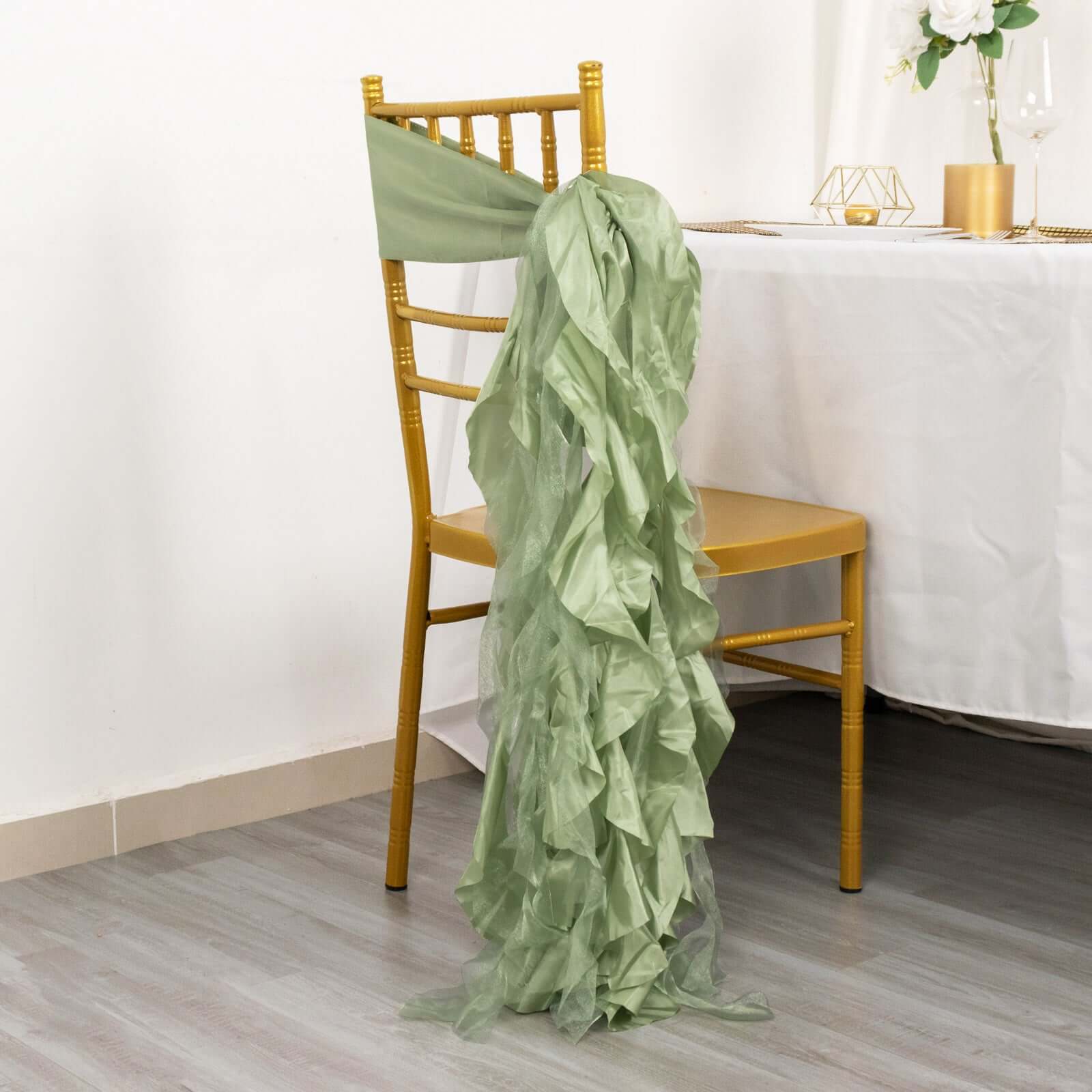 5 Pack Chiffon Satin Chair Sashes Sage Green - Easy to Install Ruffled Curly Willow