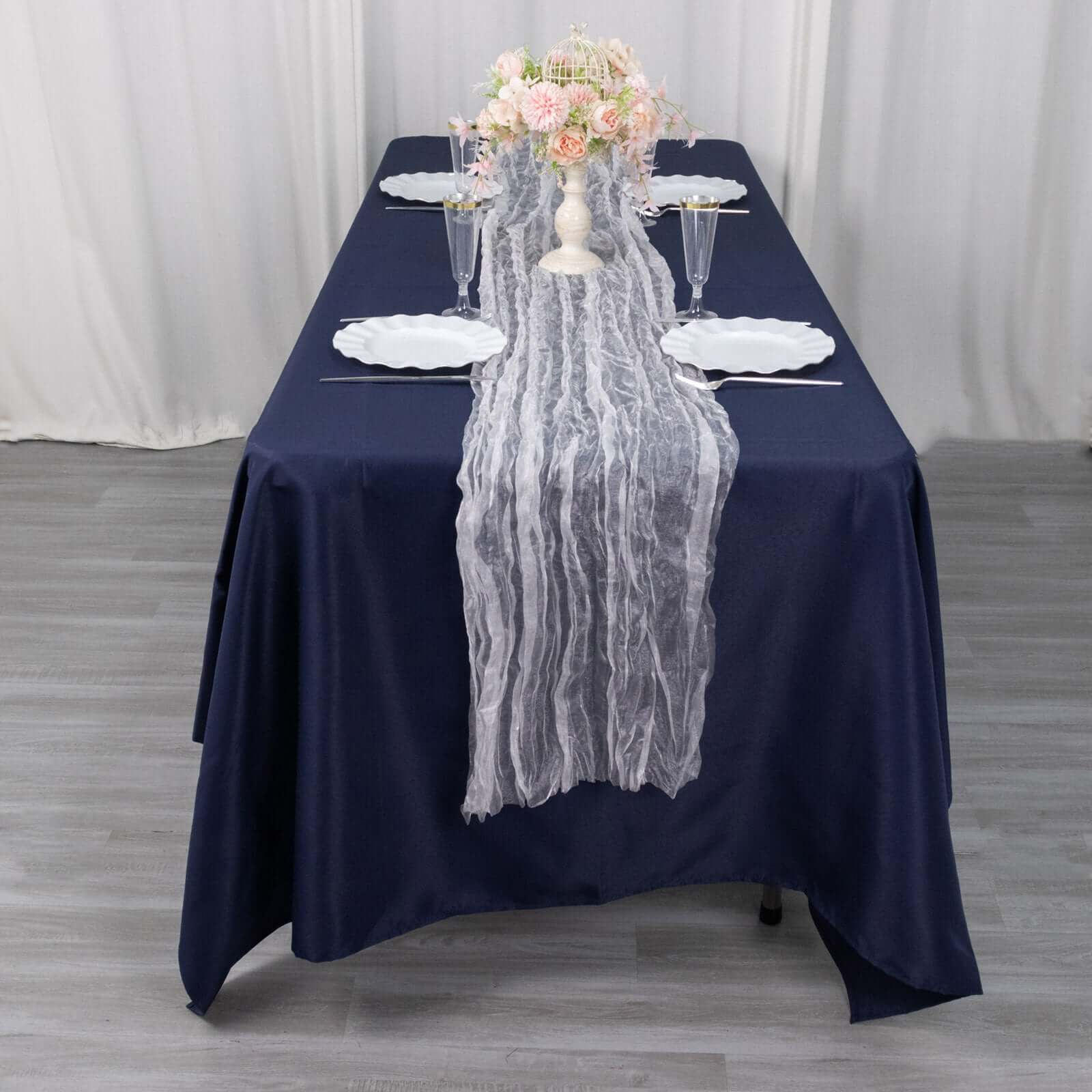 Sheer Crinkled Organza 9ft Table Runner White - Rustic Style Shimmer Chiffon Runner